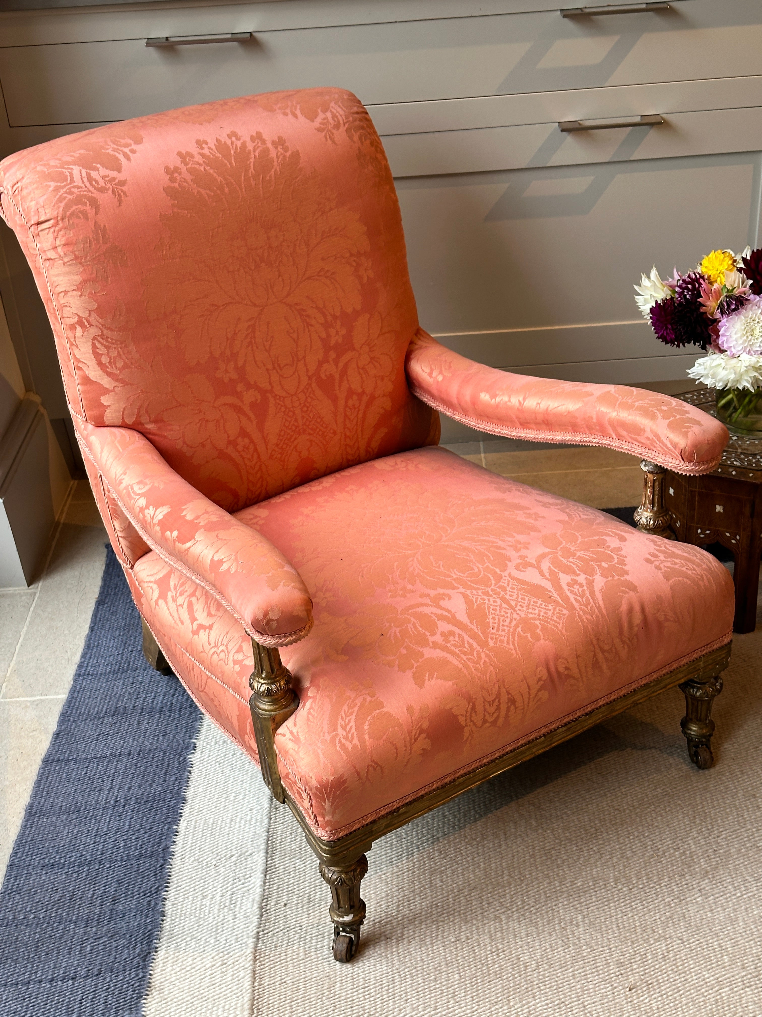 Country House Open Armchair in salmon pink damask.