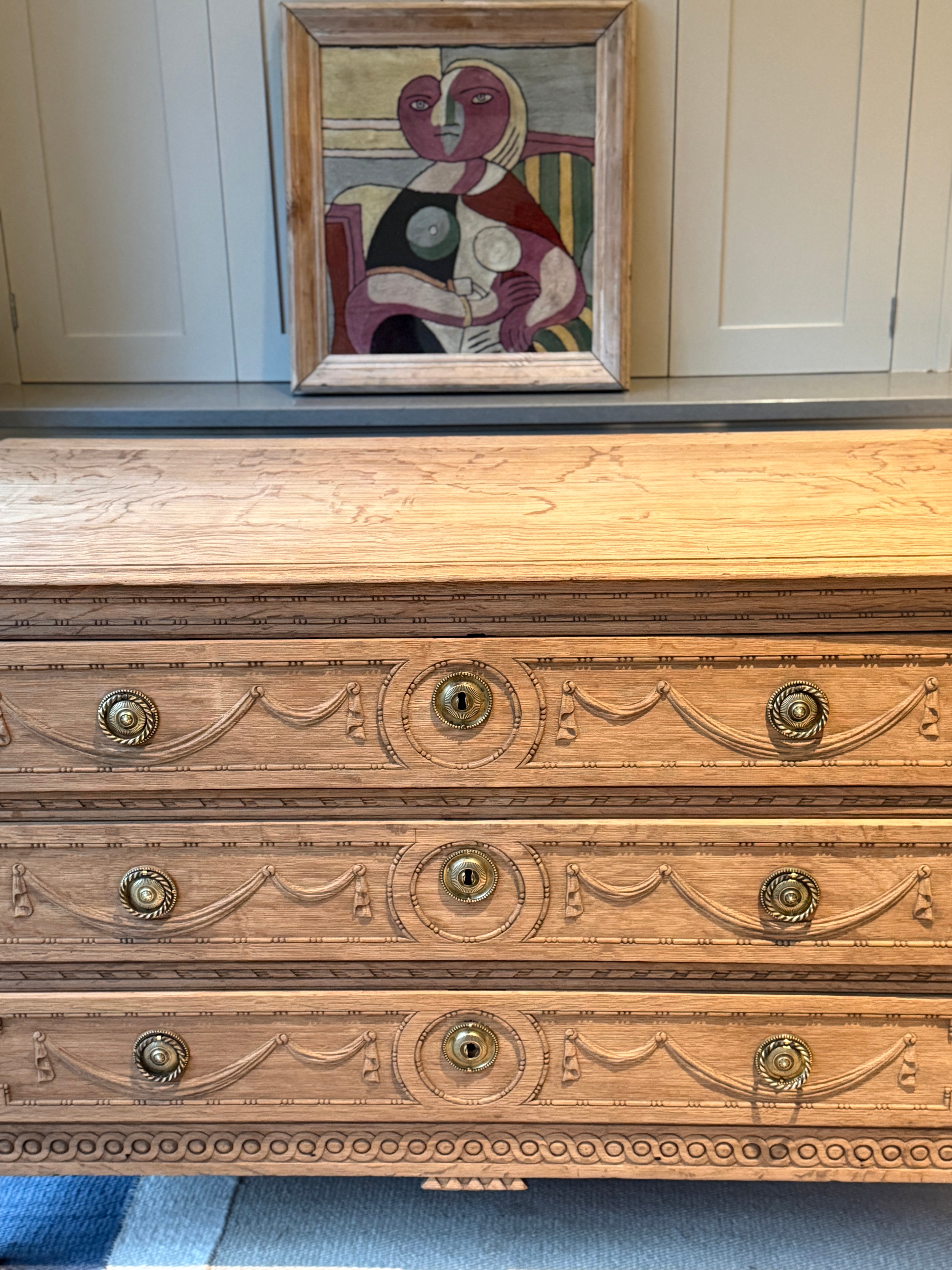 Bleached Oak Commode with Carved wood detail throughout