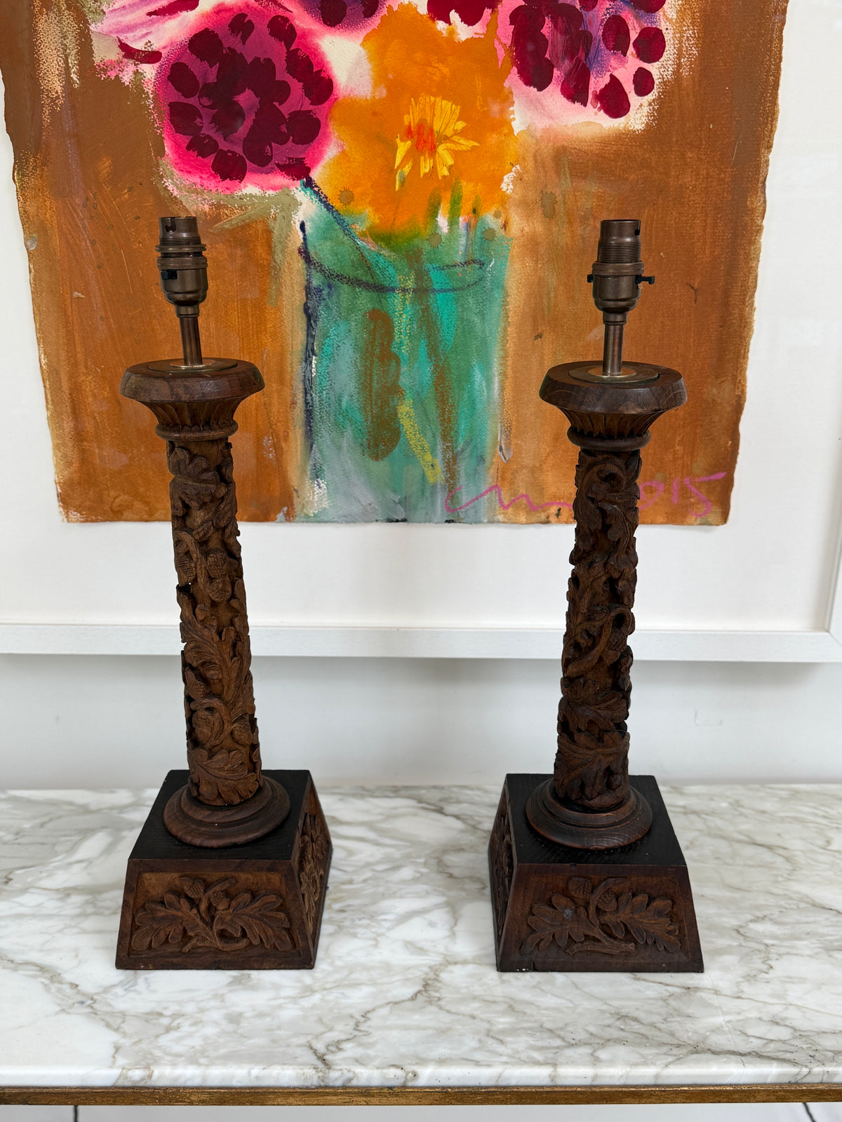 Pair of 19th Century Anglo-Indian Carved Hardwood Table Lamps