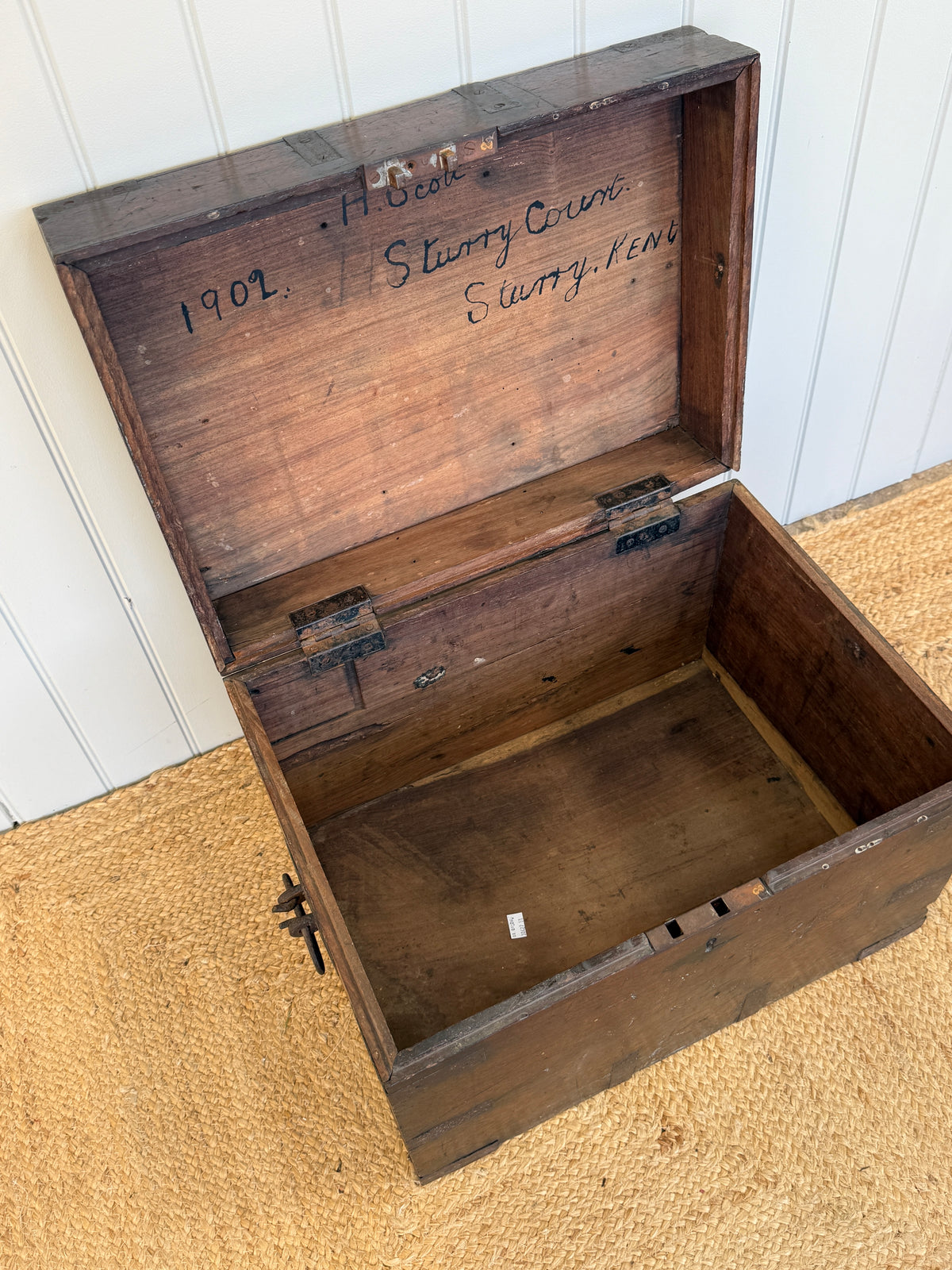 Antique Teak Strongbox with Iron Bound Corners and Inscribed Lid