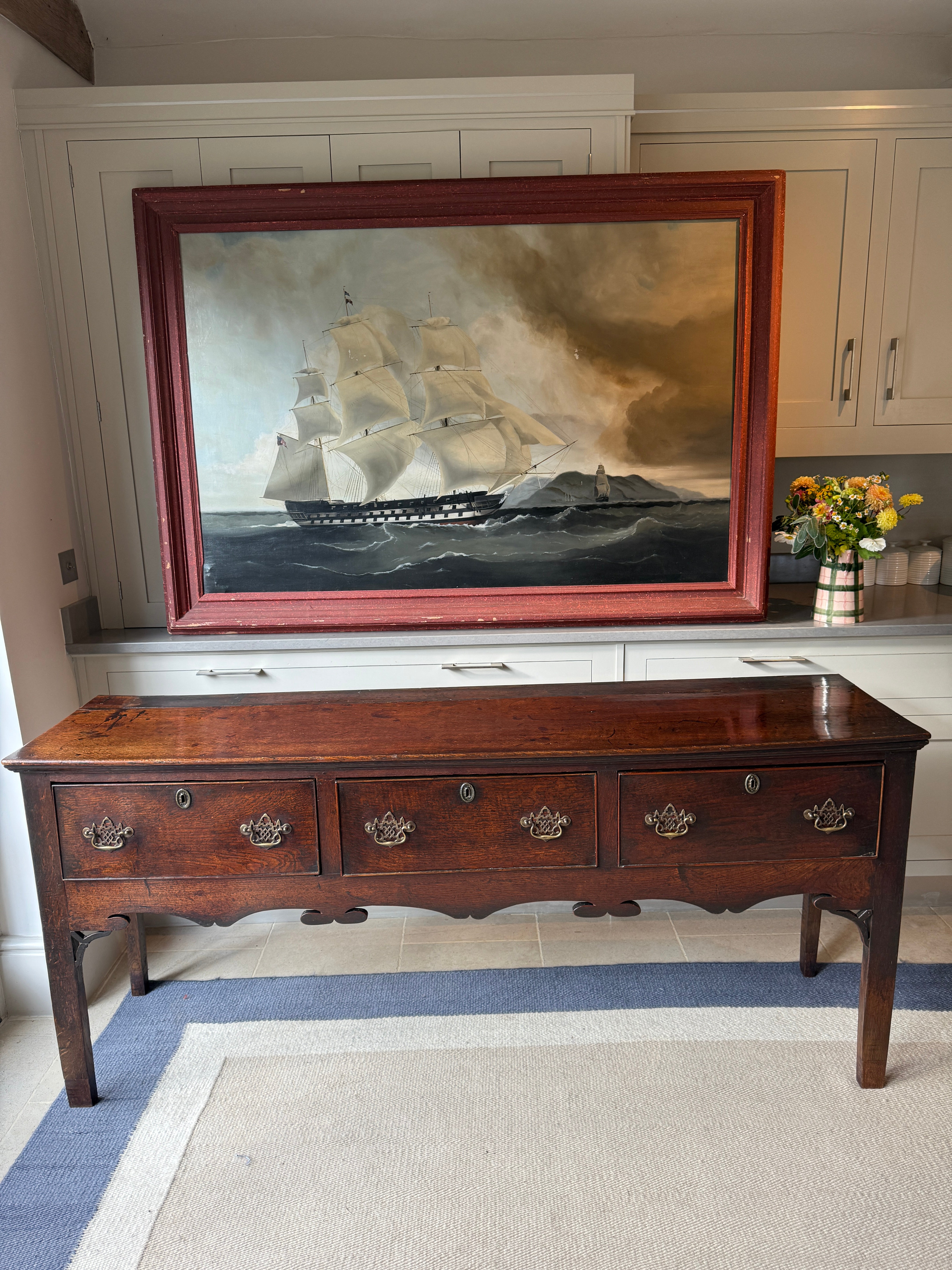 Large Naive Oil Painting of huge Sail boat in Harbour by A Findlay