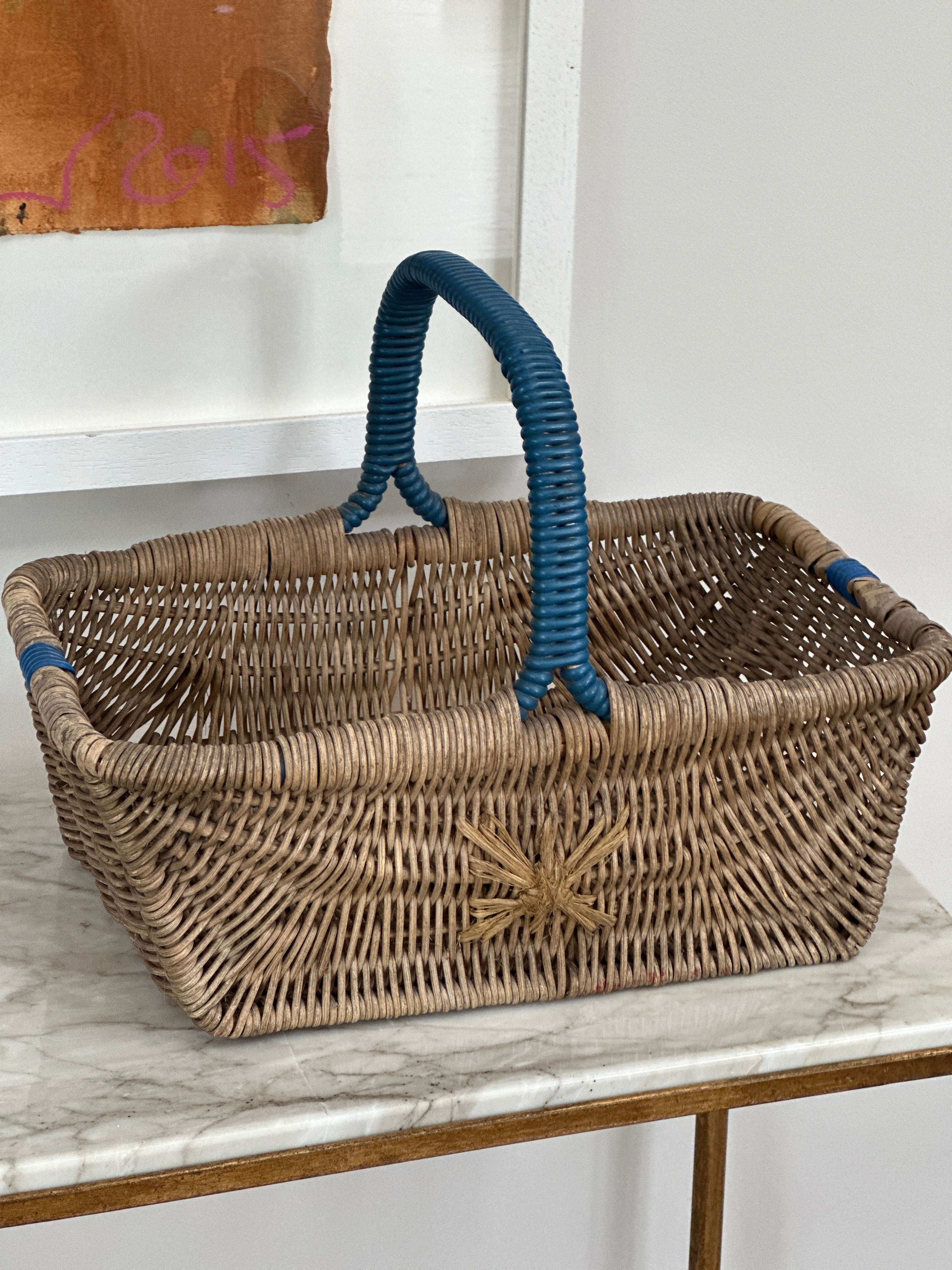 Vintage French Basket with Blue Handles