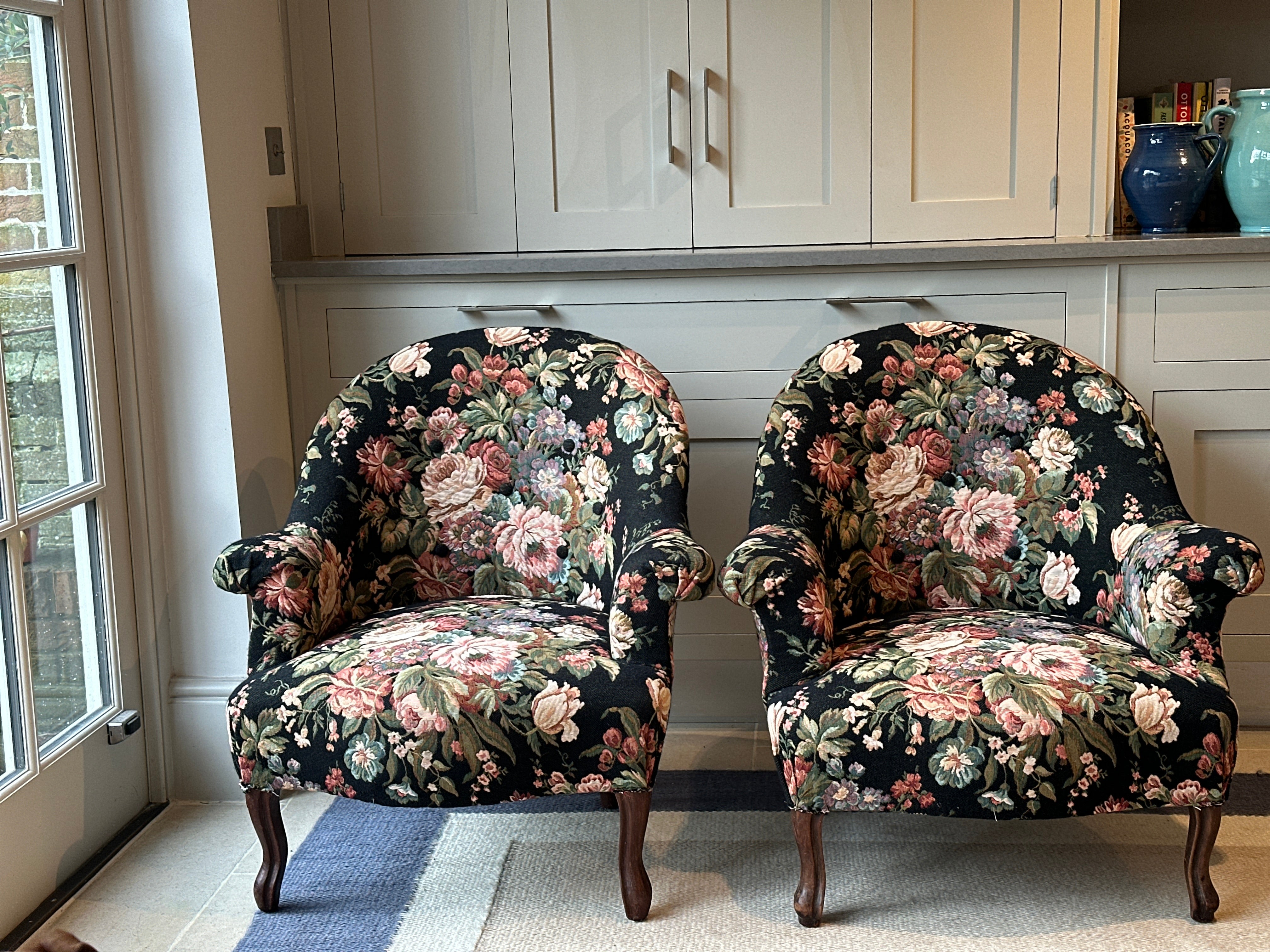 Pair of French 🇫🇷 Tub Chairs with original black floral tapestry fabric.