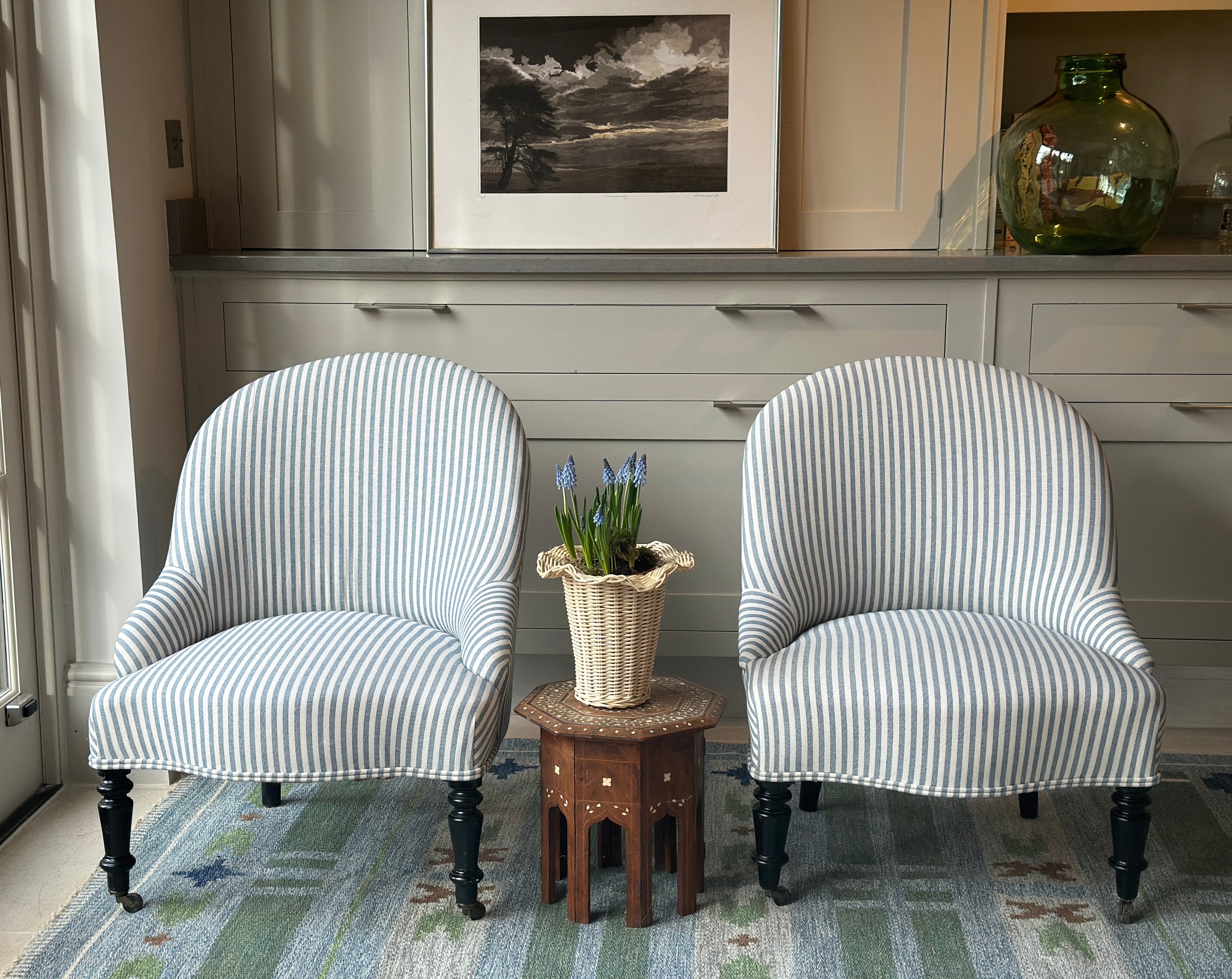 Pair of C19th French Slipper Chairs in Blue Ticking