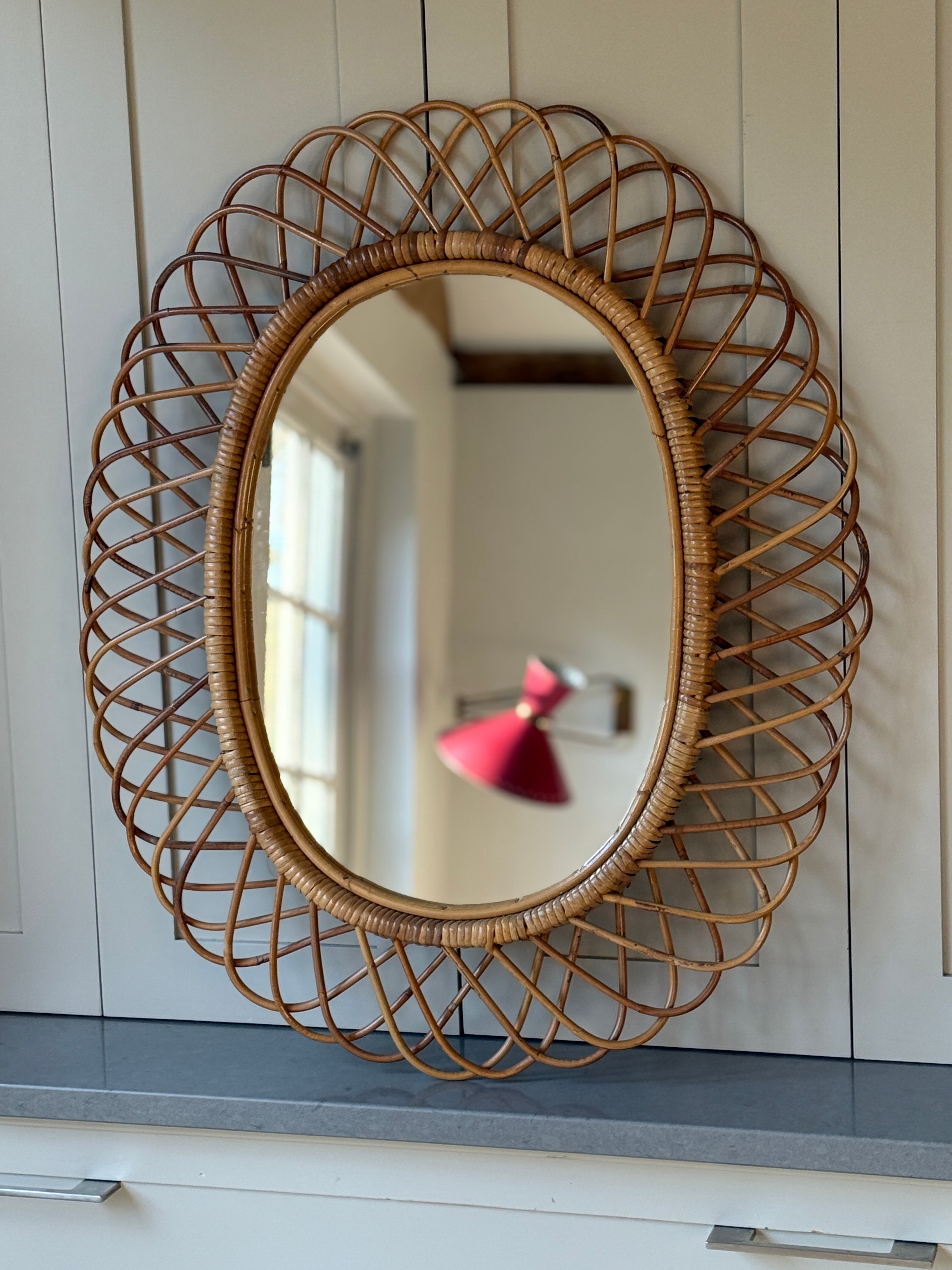 Large Franco Albini Oval Cane Mirror
