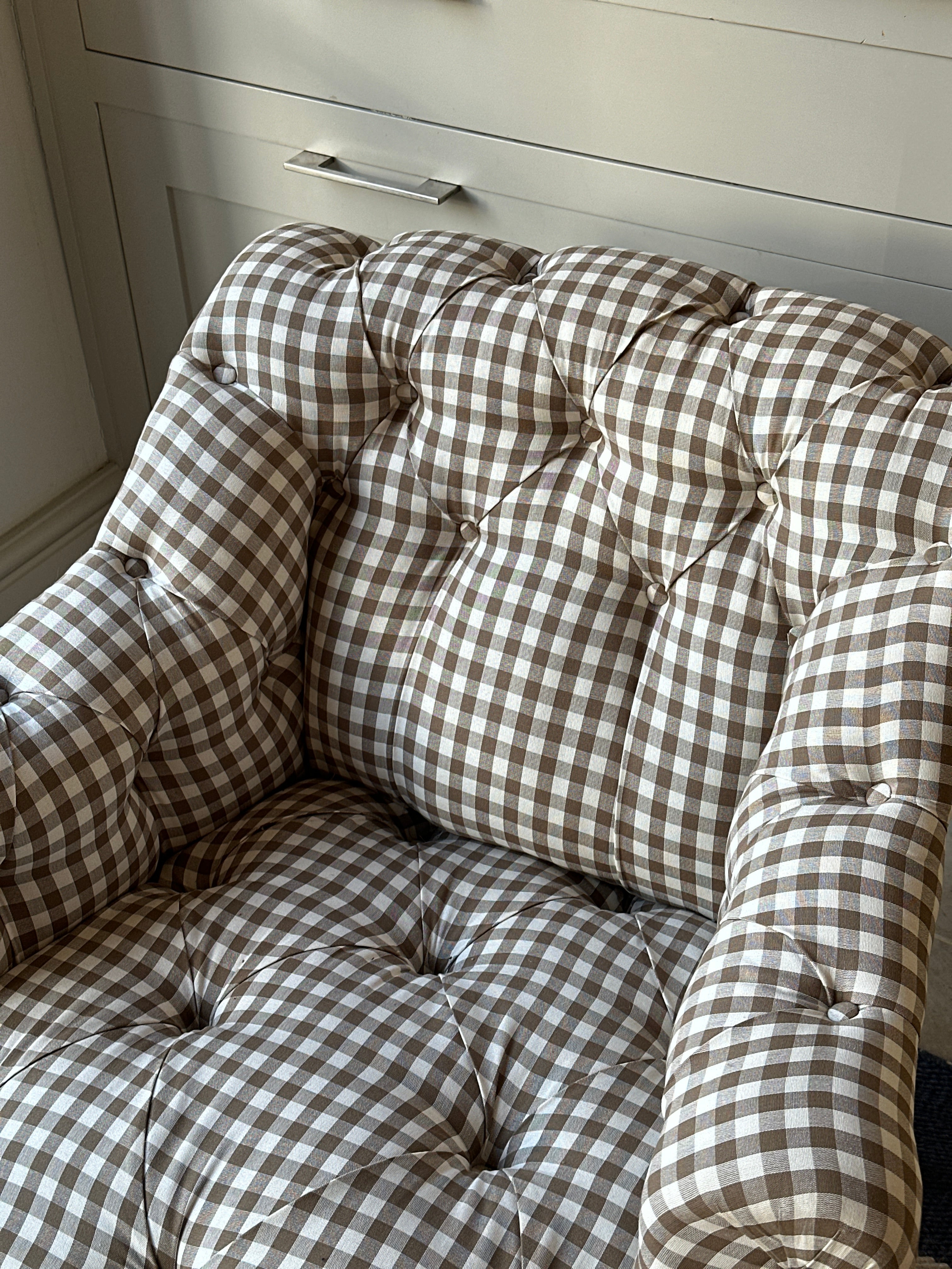 Small French Button Back Chair in Brown Gingham