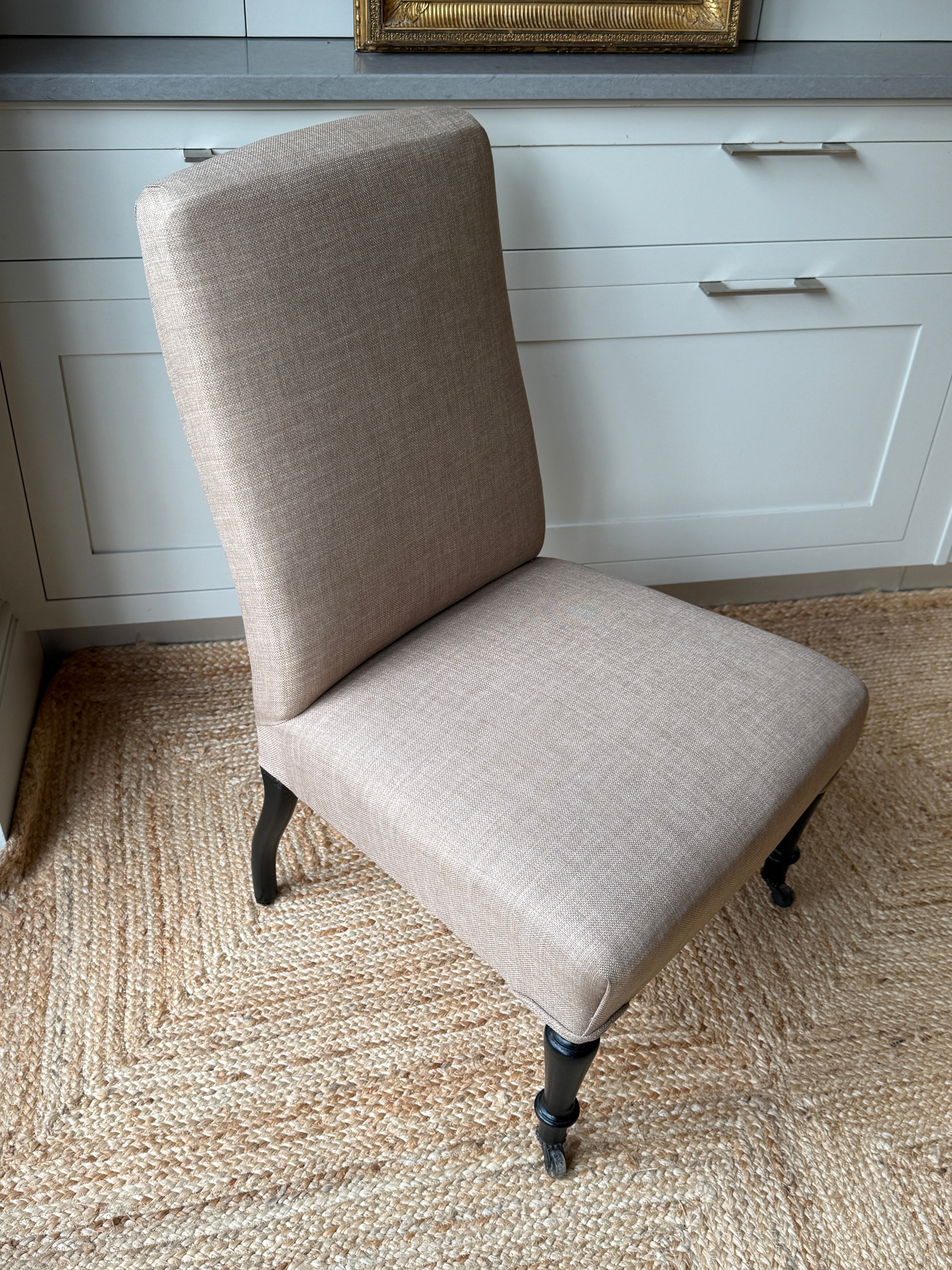 Late 19th Century Slipper Chair in heavy beige linen.