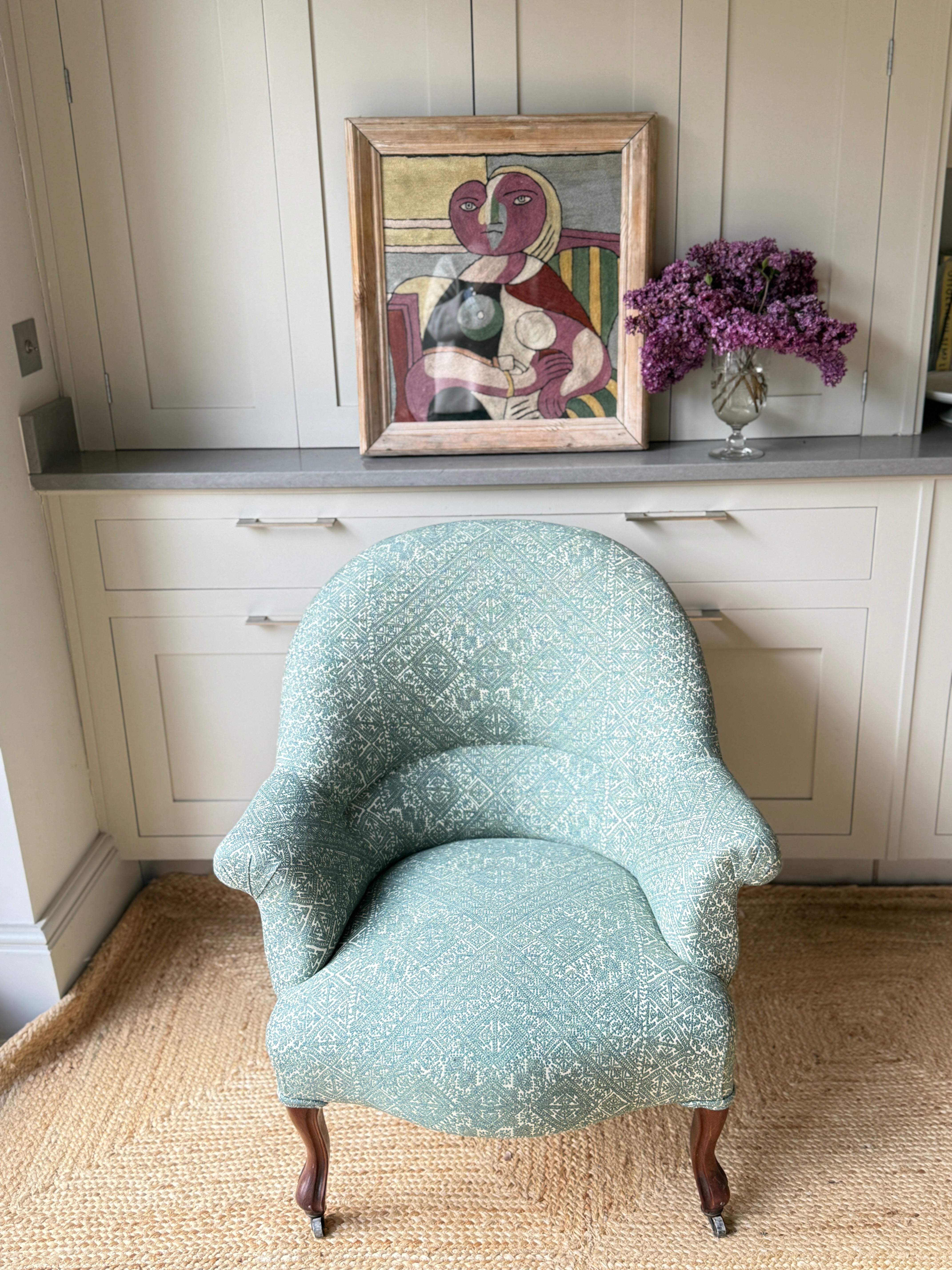 Antique French Tub Chair in GG Fez Weave Seafoam