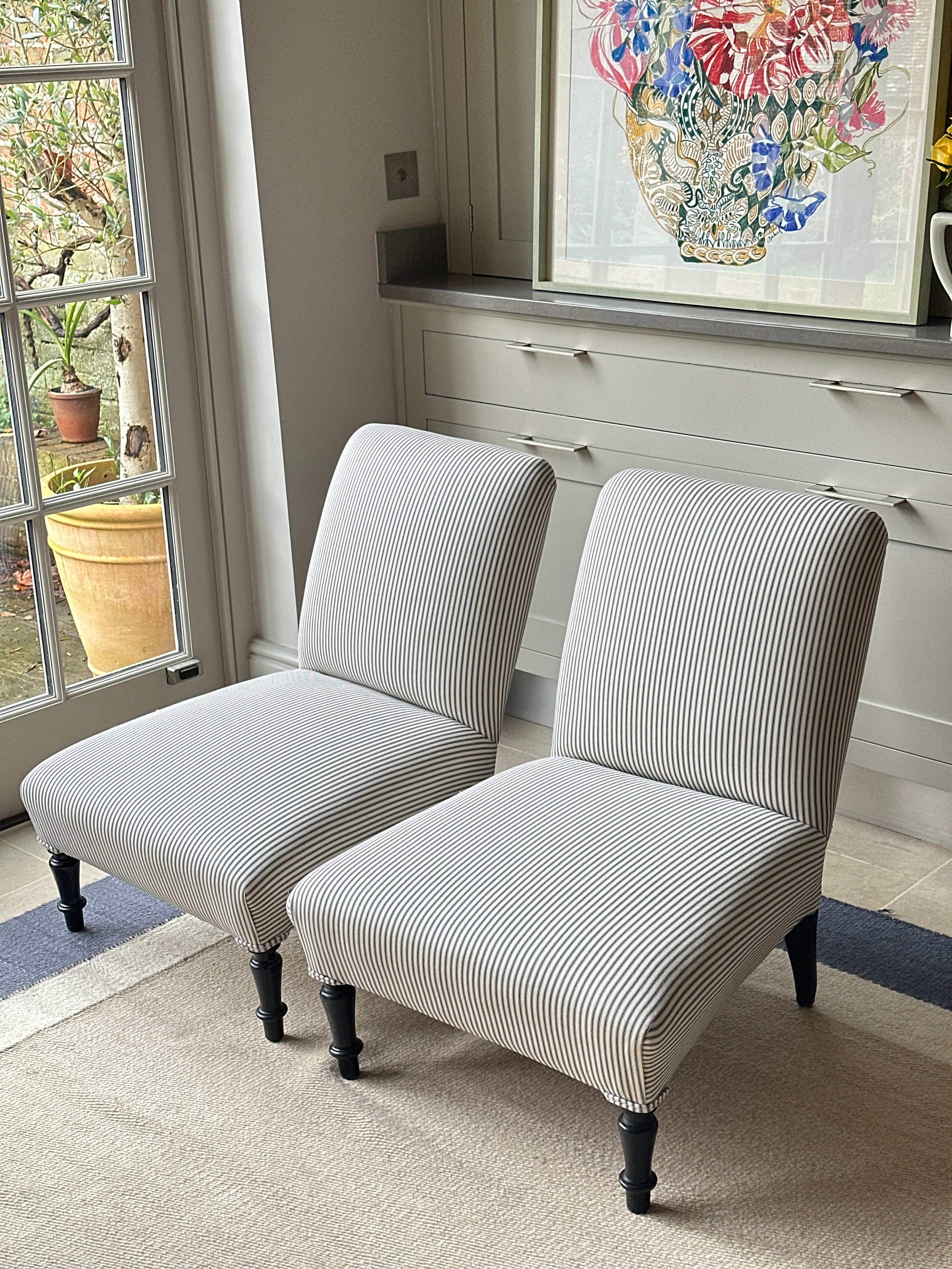 Pair of French 19th Century Slipper chairs in modern blue ticking