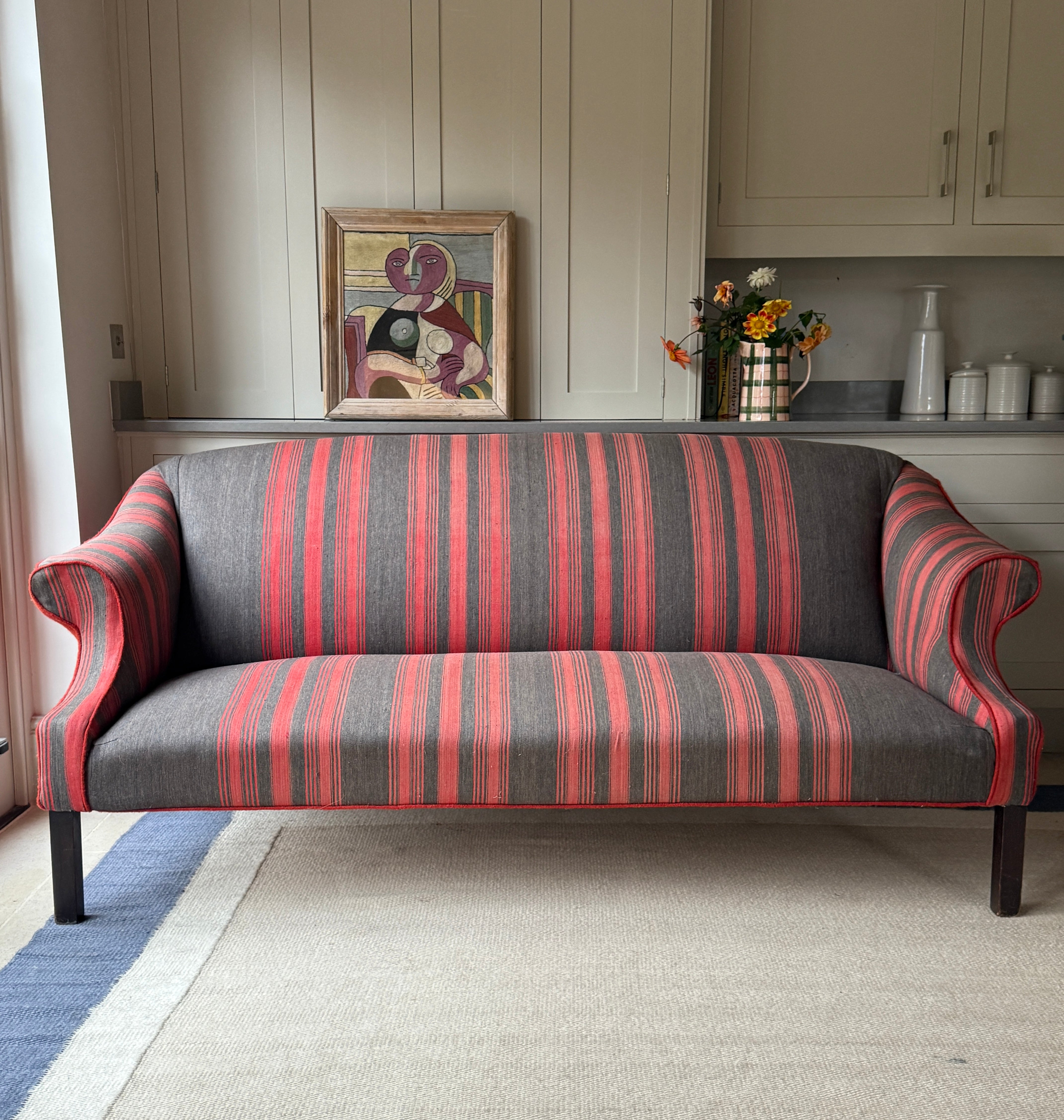 Large Antique English Sofa upholstered in an French Antique Textile