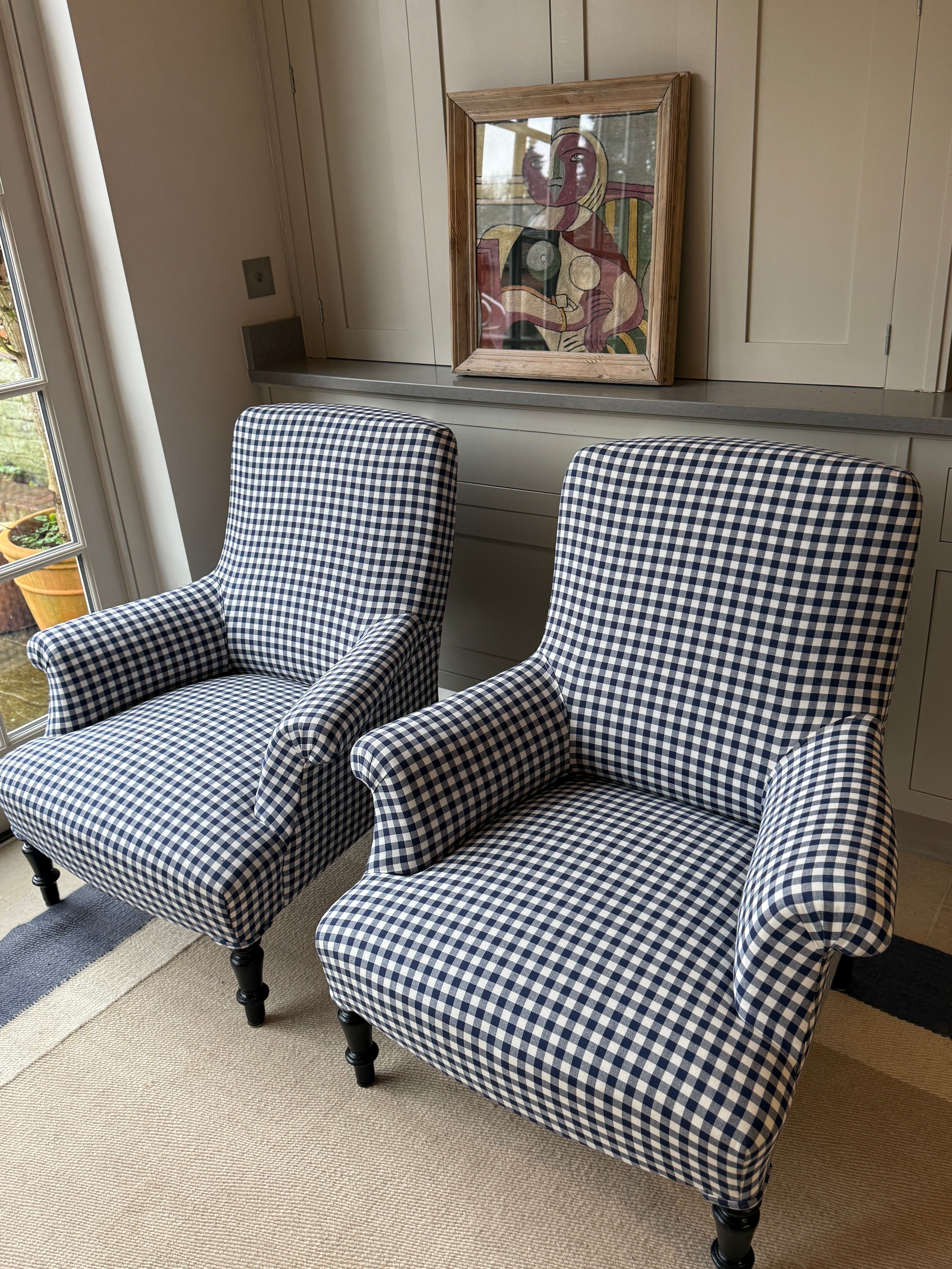 Pair of French Squareback Armchairs in Blue Gingham