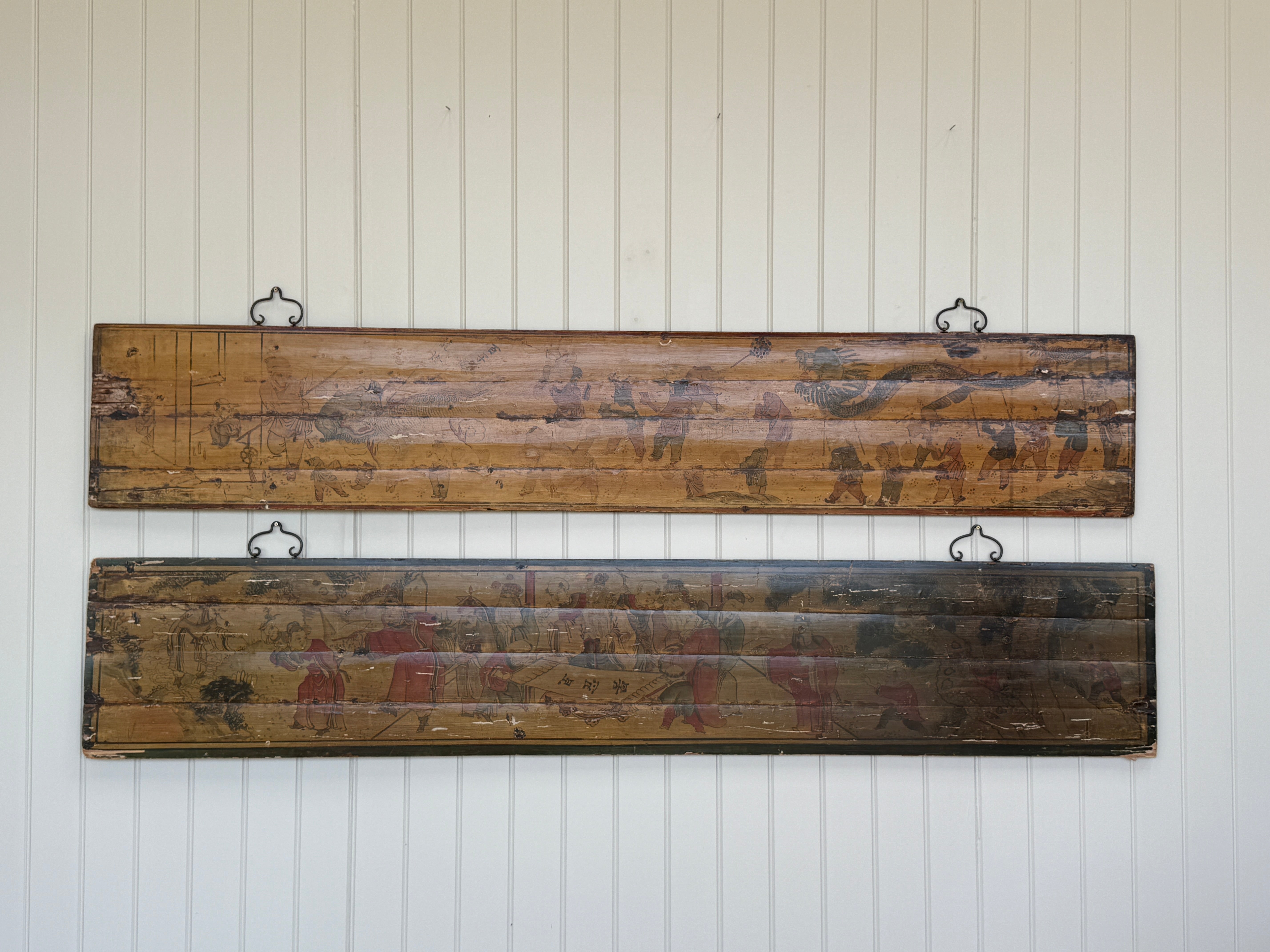 A Pair of Chinese Painted Pine Bed Canopy Panels