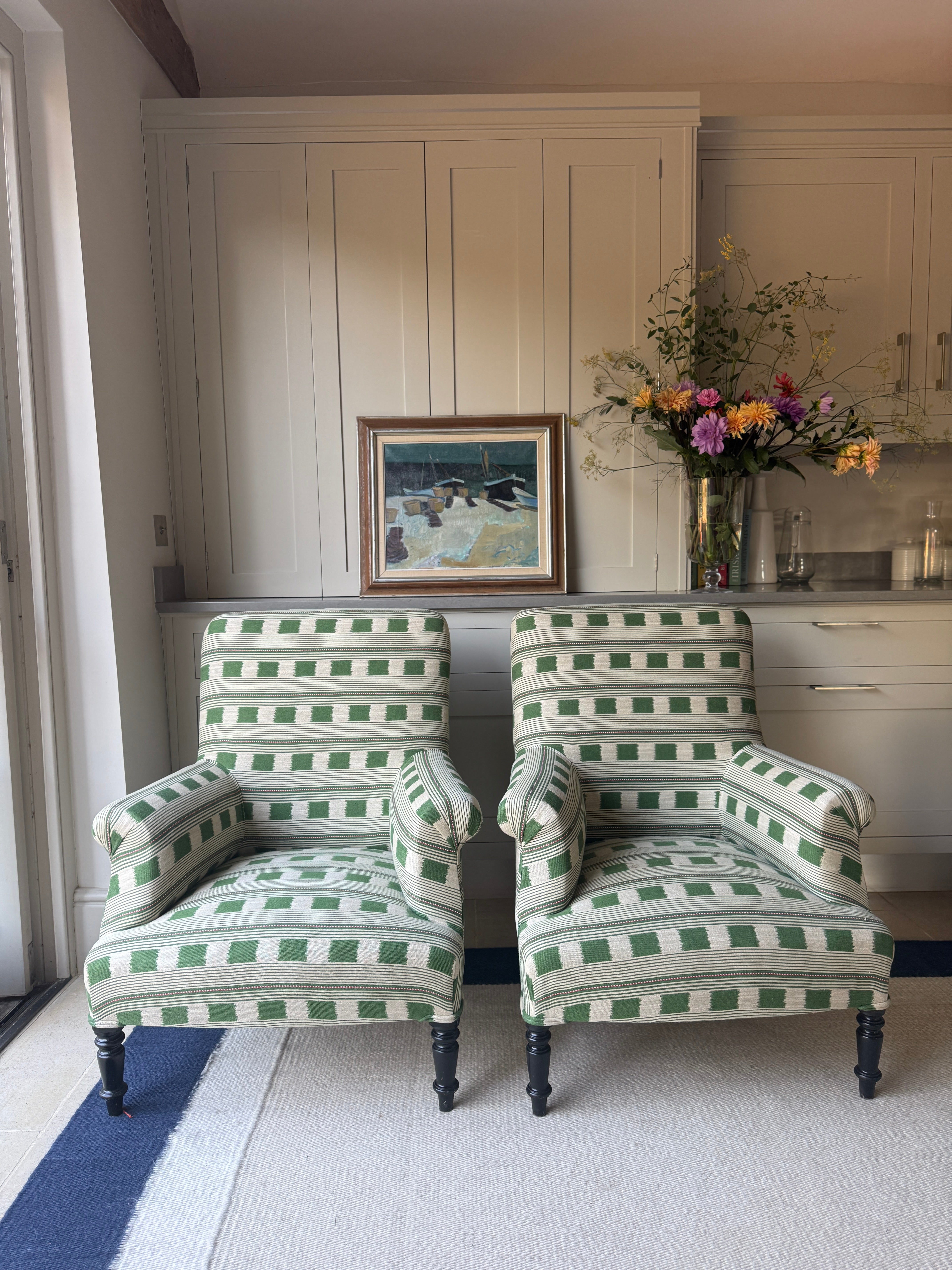Pair of French Squareback Armchairs in Christopher Farr - Lost and Found