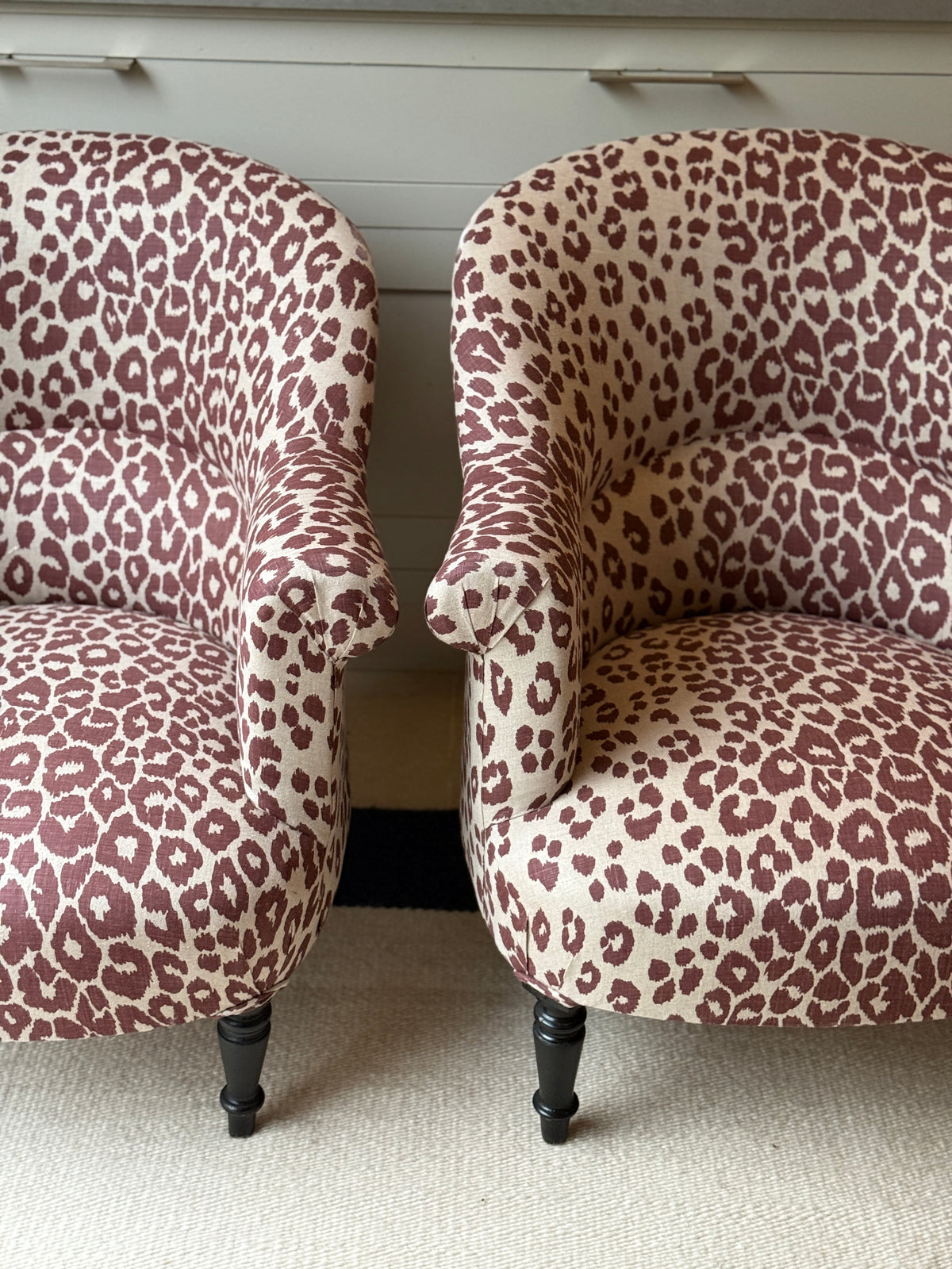 Pair of 19th Century French Chairs in Schumacher Iconic Leopard Linen, Raisin
