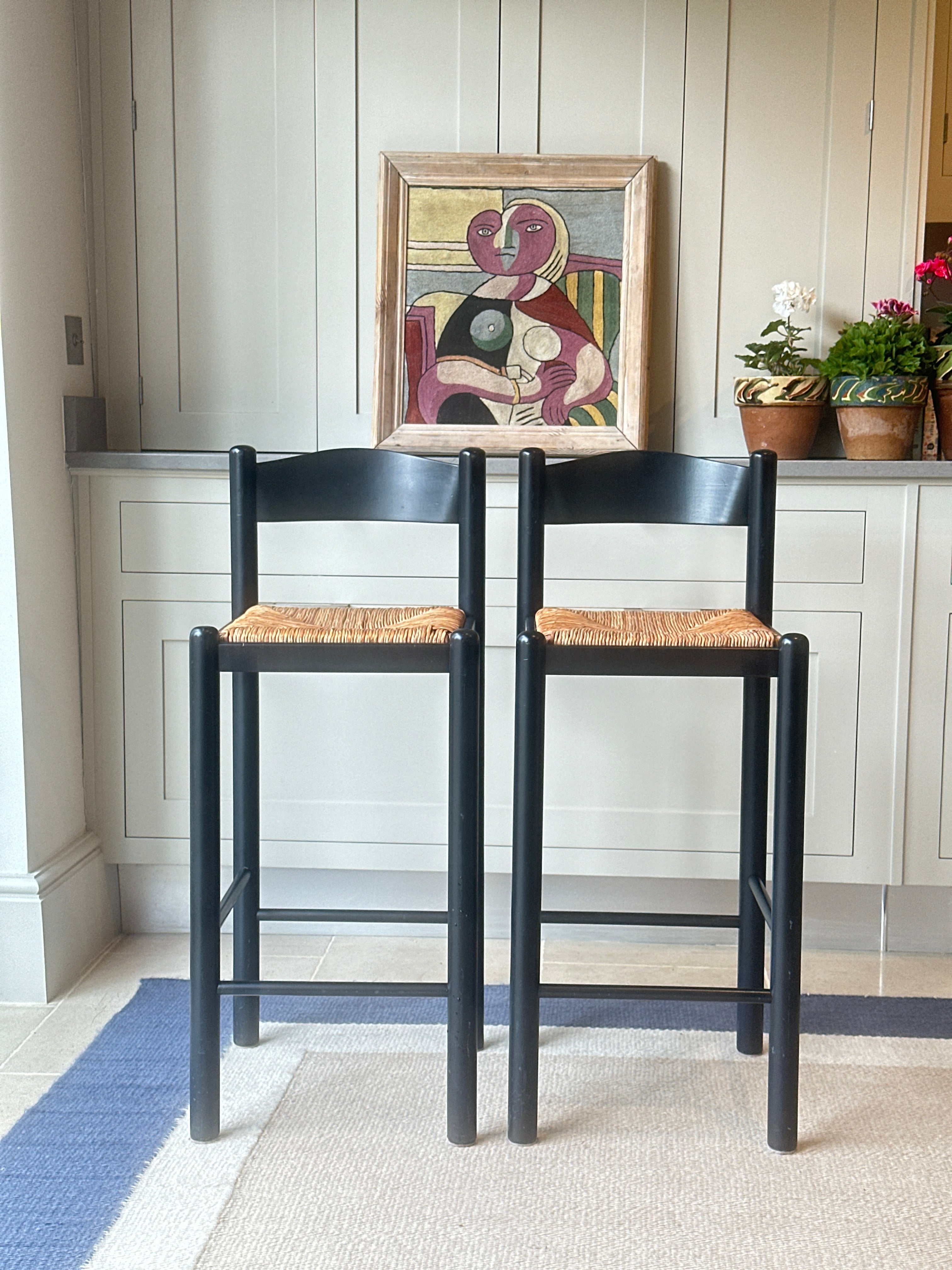 Pair of Vintage Rush Seat Bar Stools in Black