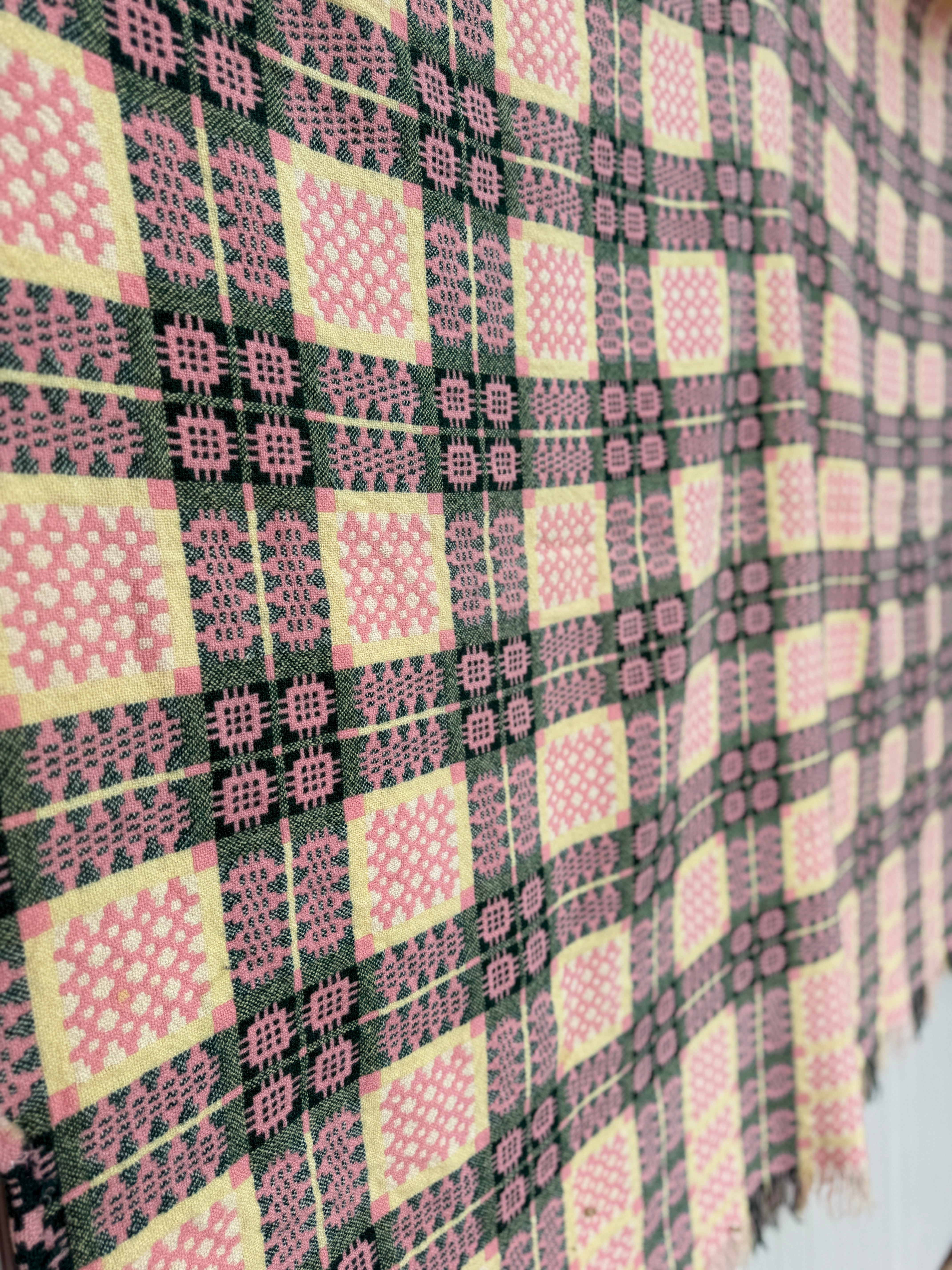 Vintage Welsh Blanket in Pink, Green and Yellow