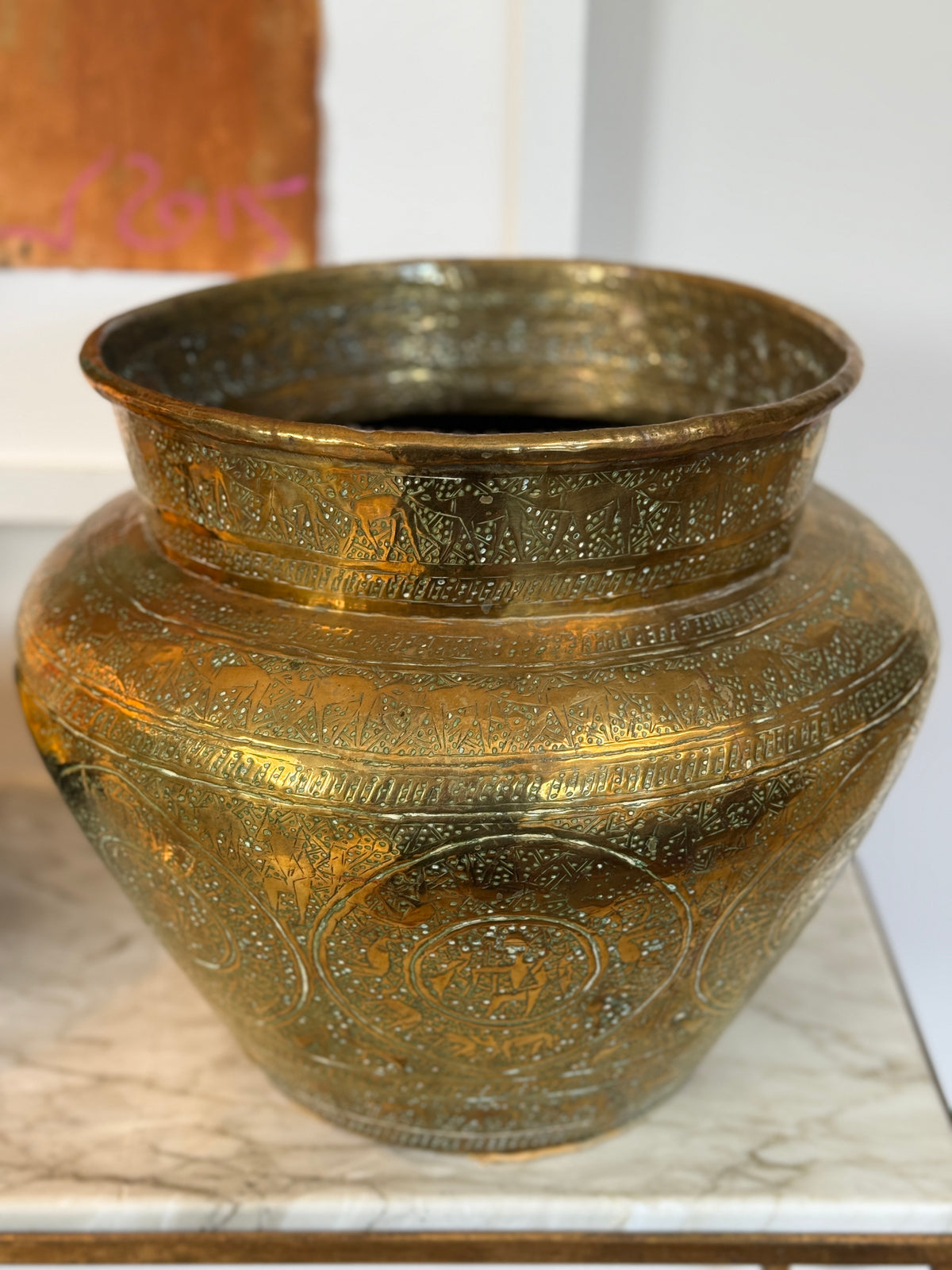 Antique Engraved Brass Jardinière, Middle Eastern Mamluk Revival Style