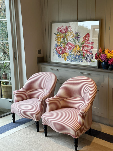 Pair of French Crapaud Tub chairs in red and white ticking