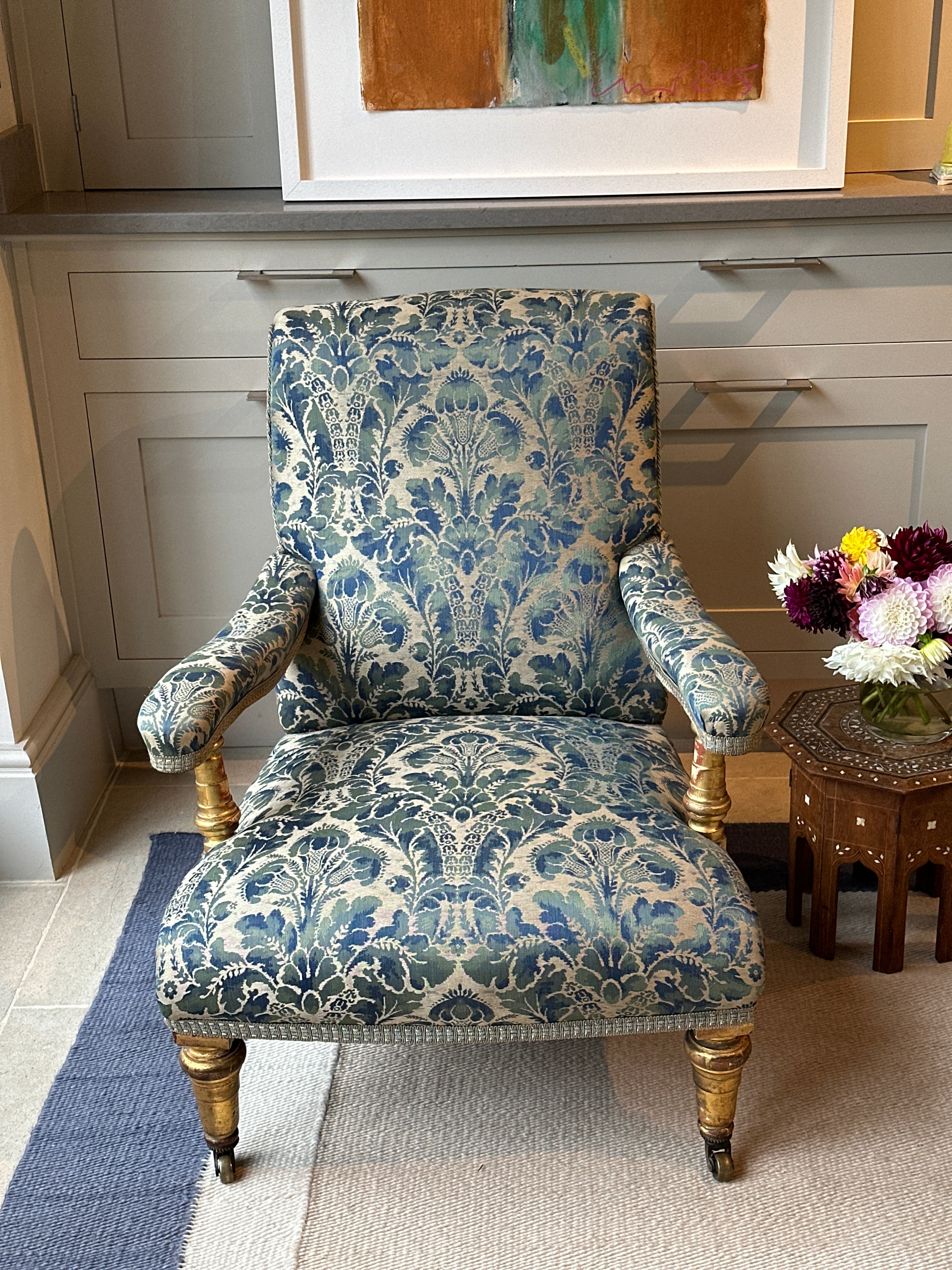 Country House Open Armchair in original blue damask.