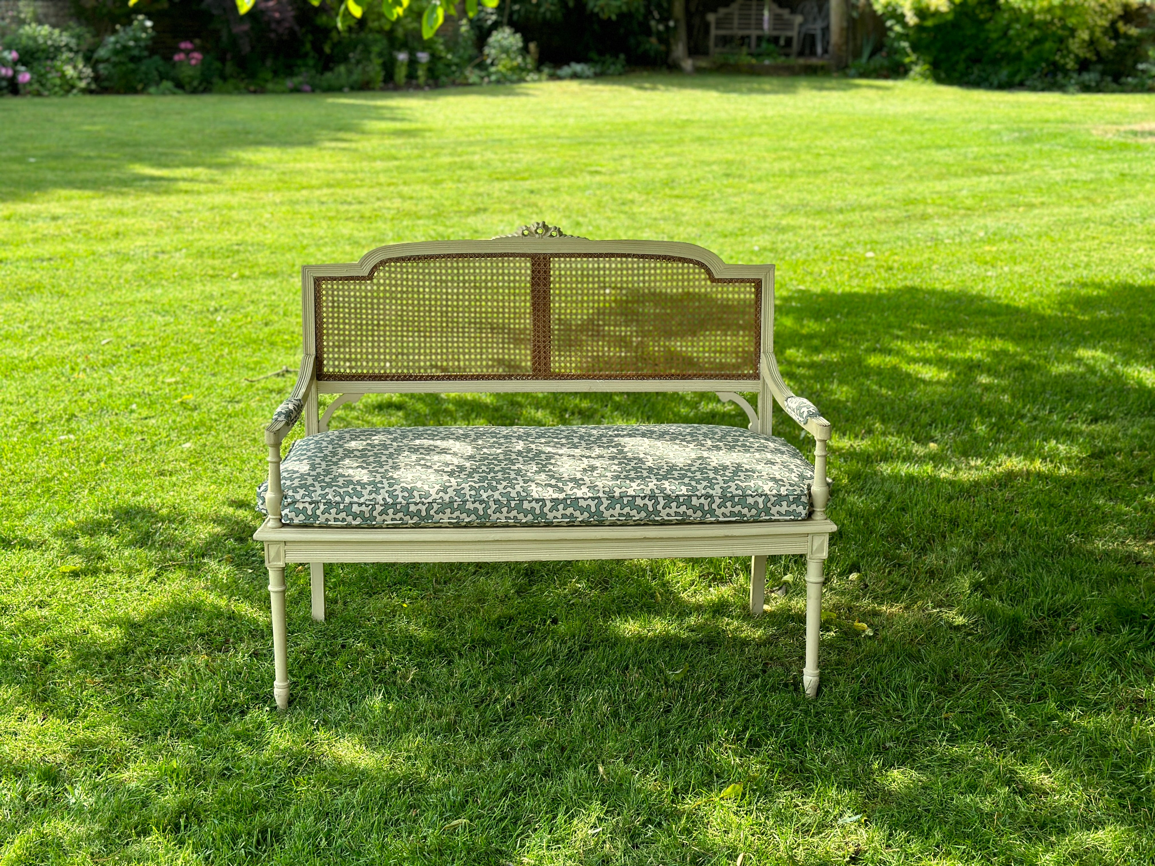 19th Century Cane Bench with Cushion with Colefax & Fowler Squiggle Fabric