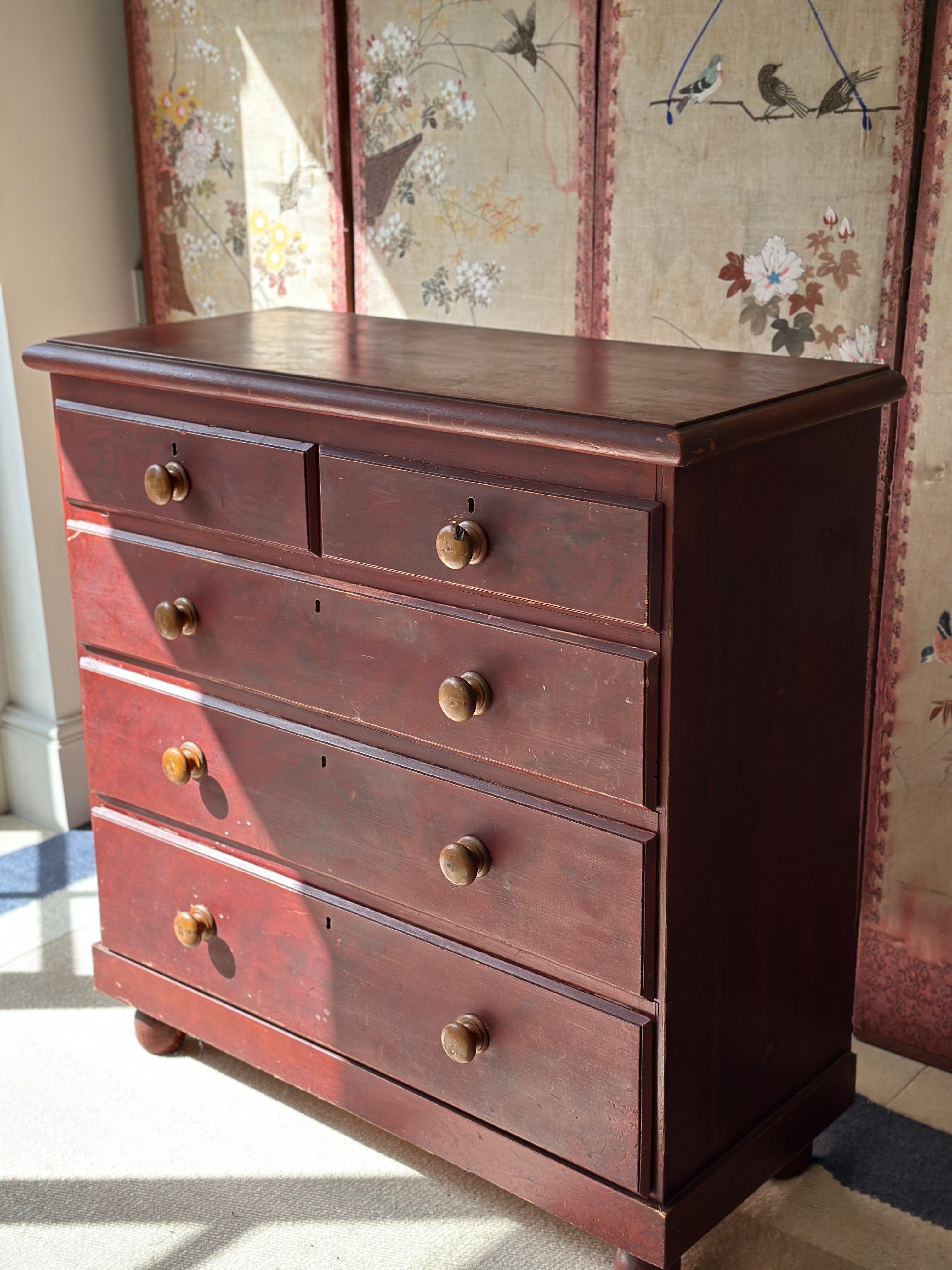 Antique Painted Pine Chest of Drawers in a dark red