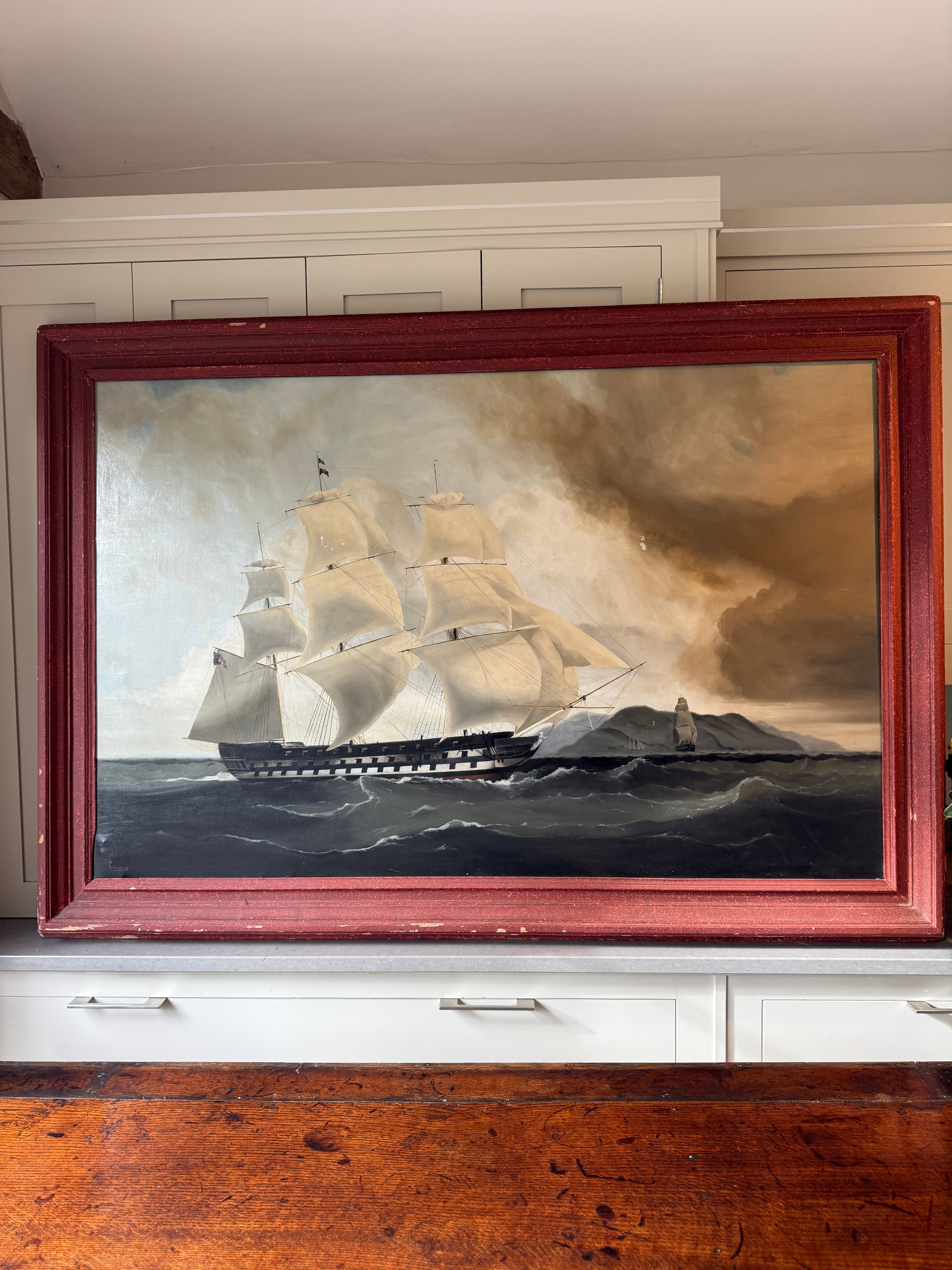Large Naive Oil Painting of huge Sail boat in Harbour by A Findlay