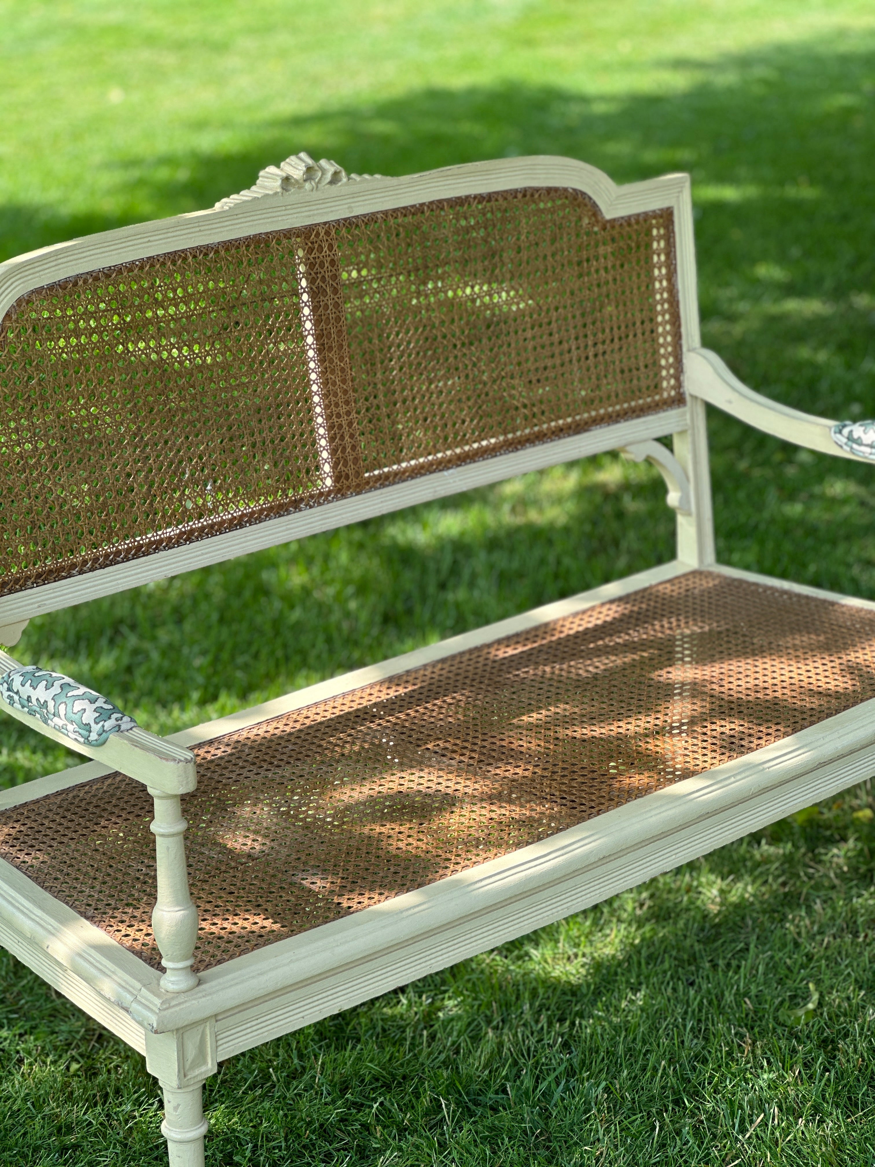 19th Century Cane Bench with Cushion with Colefax & Fowler Squiggle Fabric