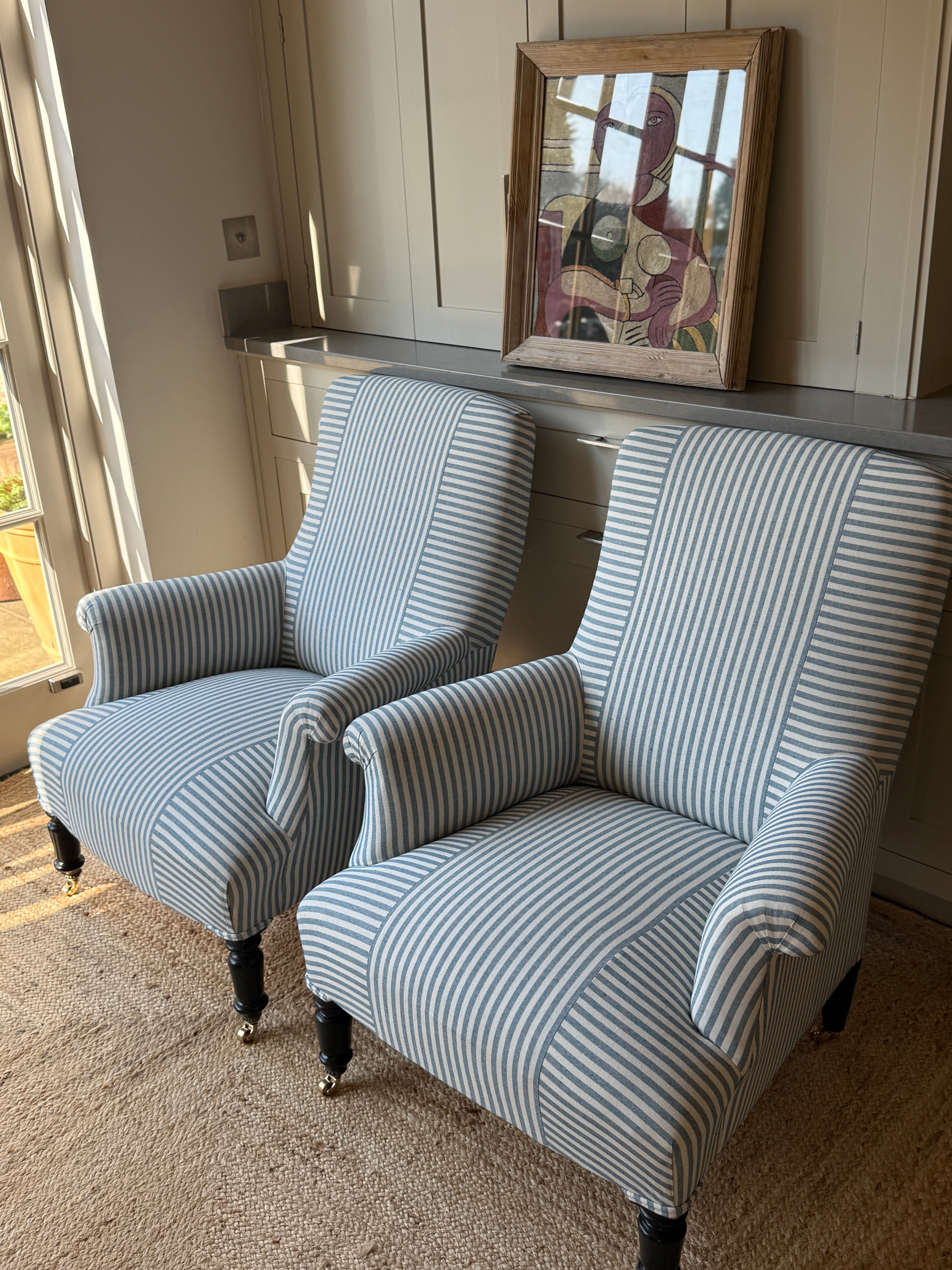 Pair of French Armchairs in Blue & White Ticking with Criss Cross Design