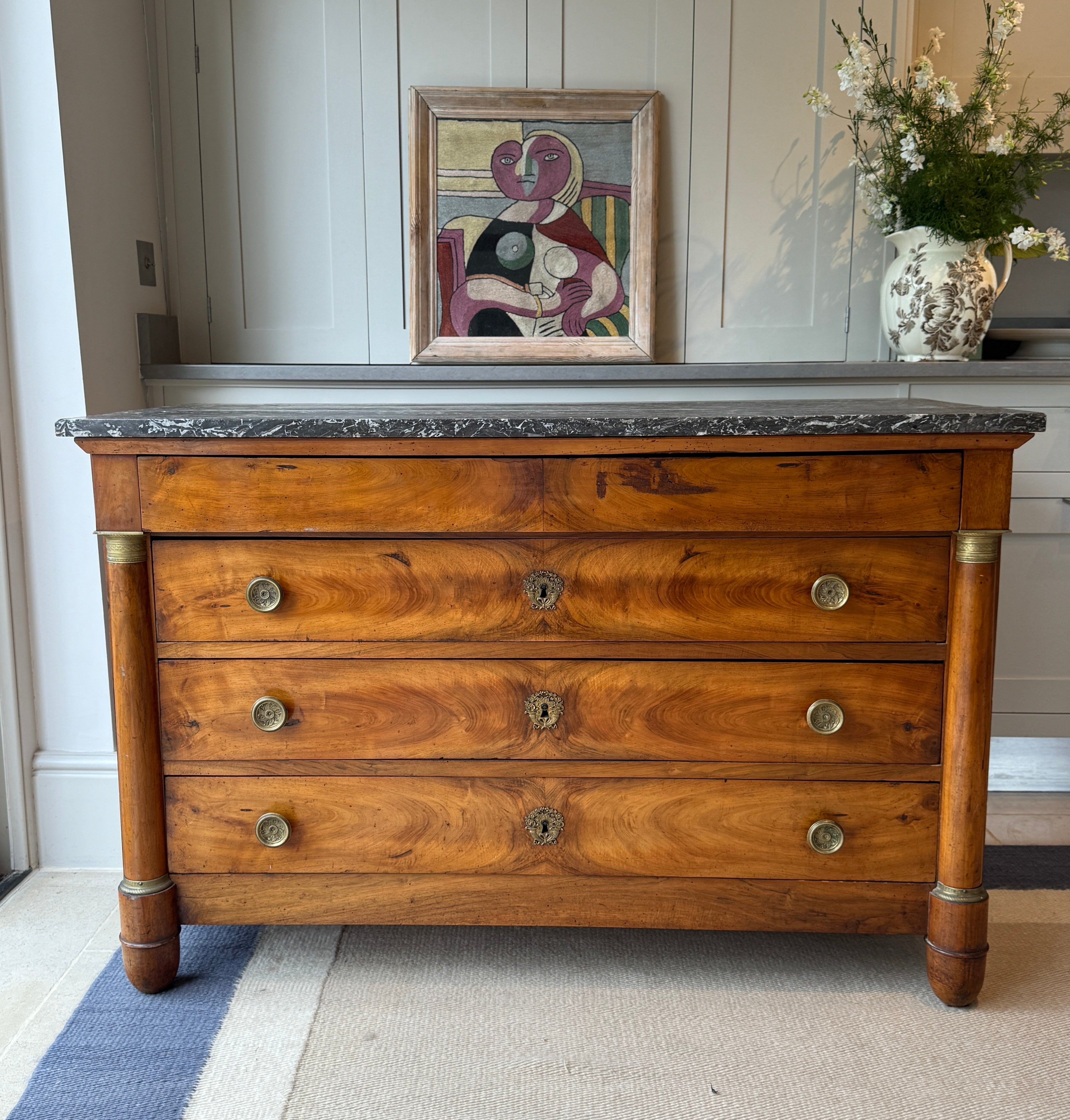 French Walnut Commode with Grey Marble Top