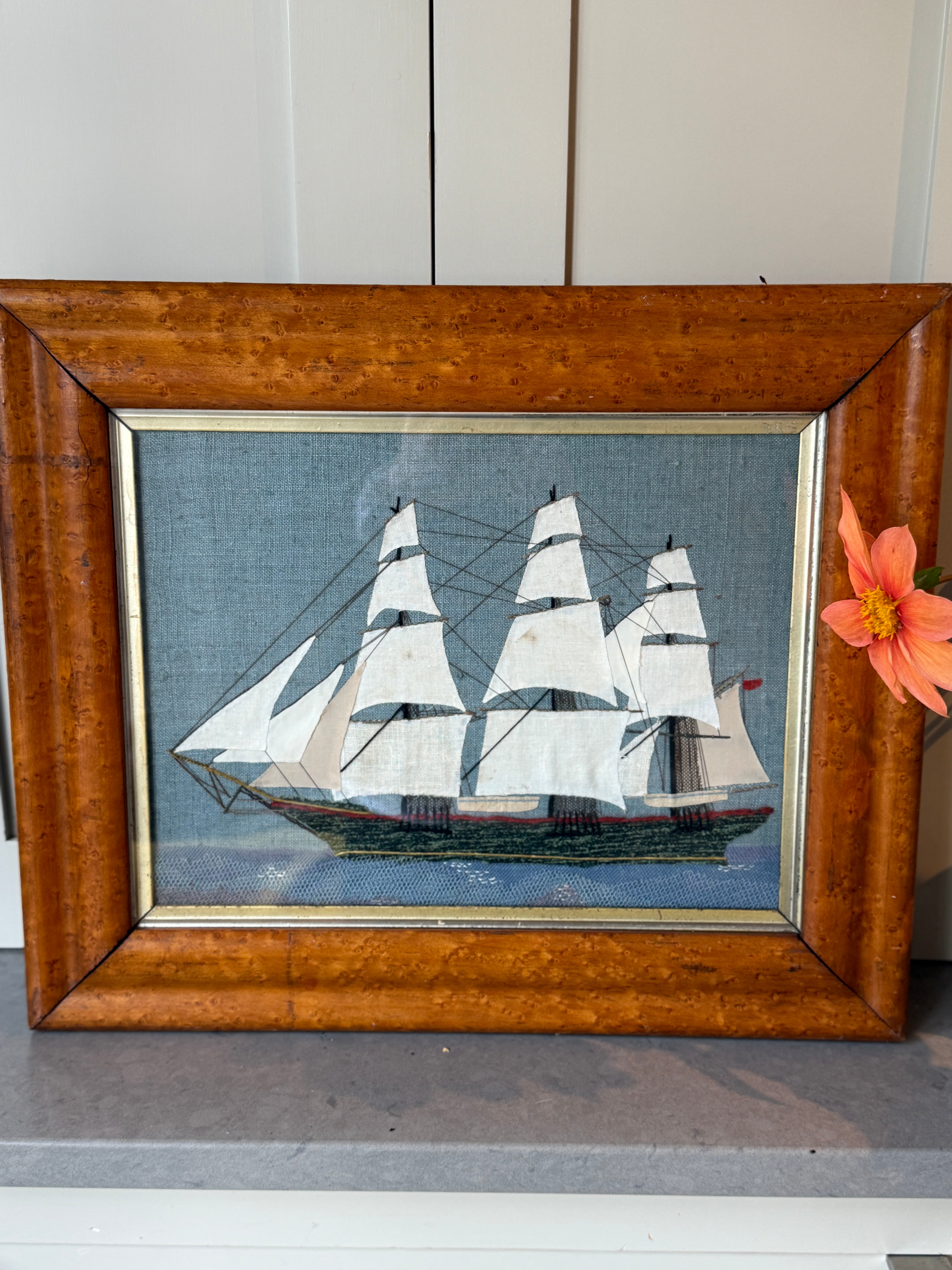 Decorative Wool Work Nautical Picture in Walnut Frame