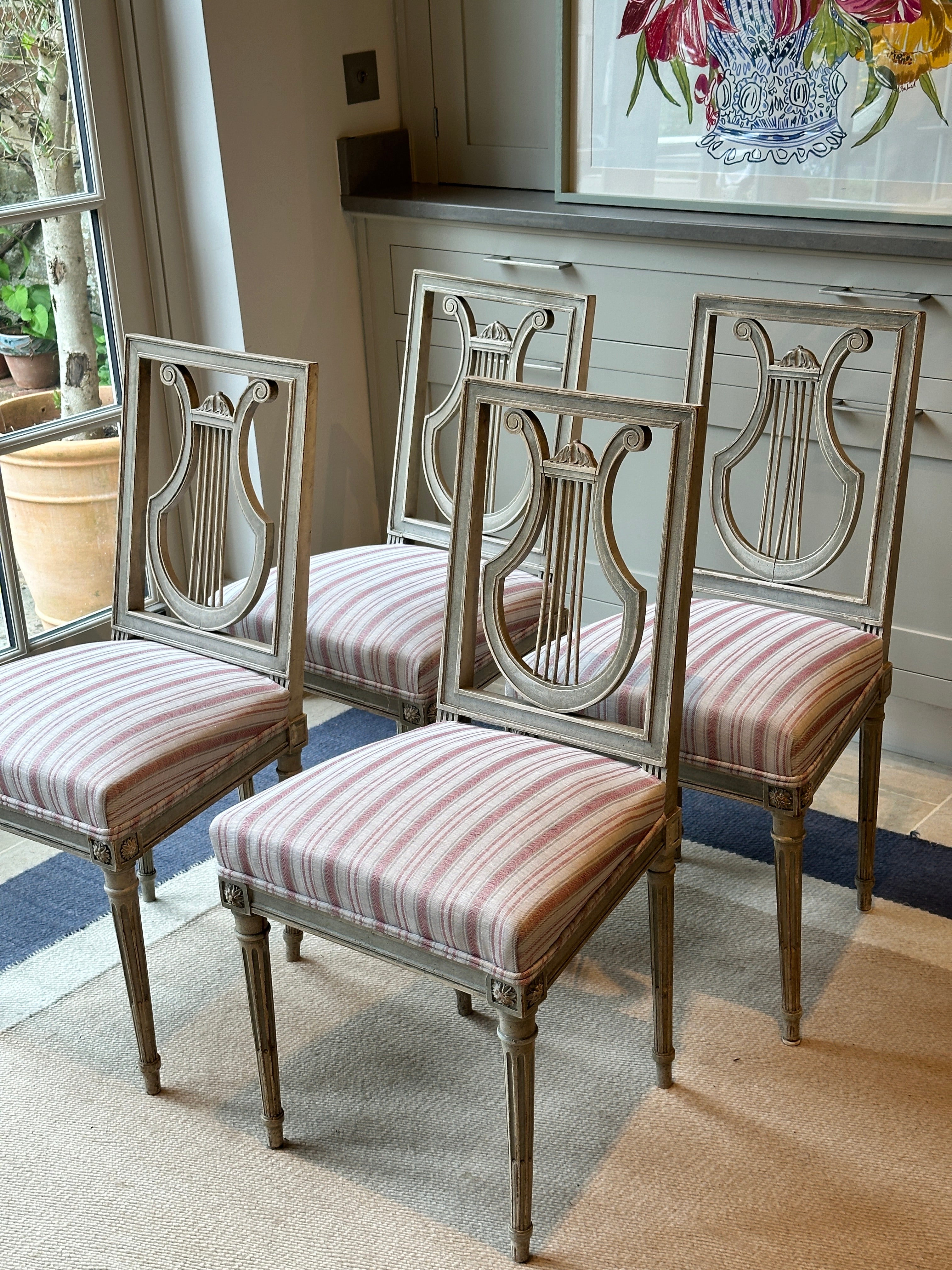 Early 19th Century. Set of 4 French Lire Back Painted Wooden Chairs