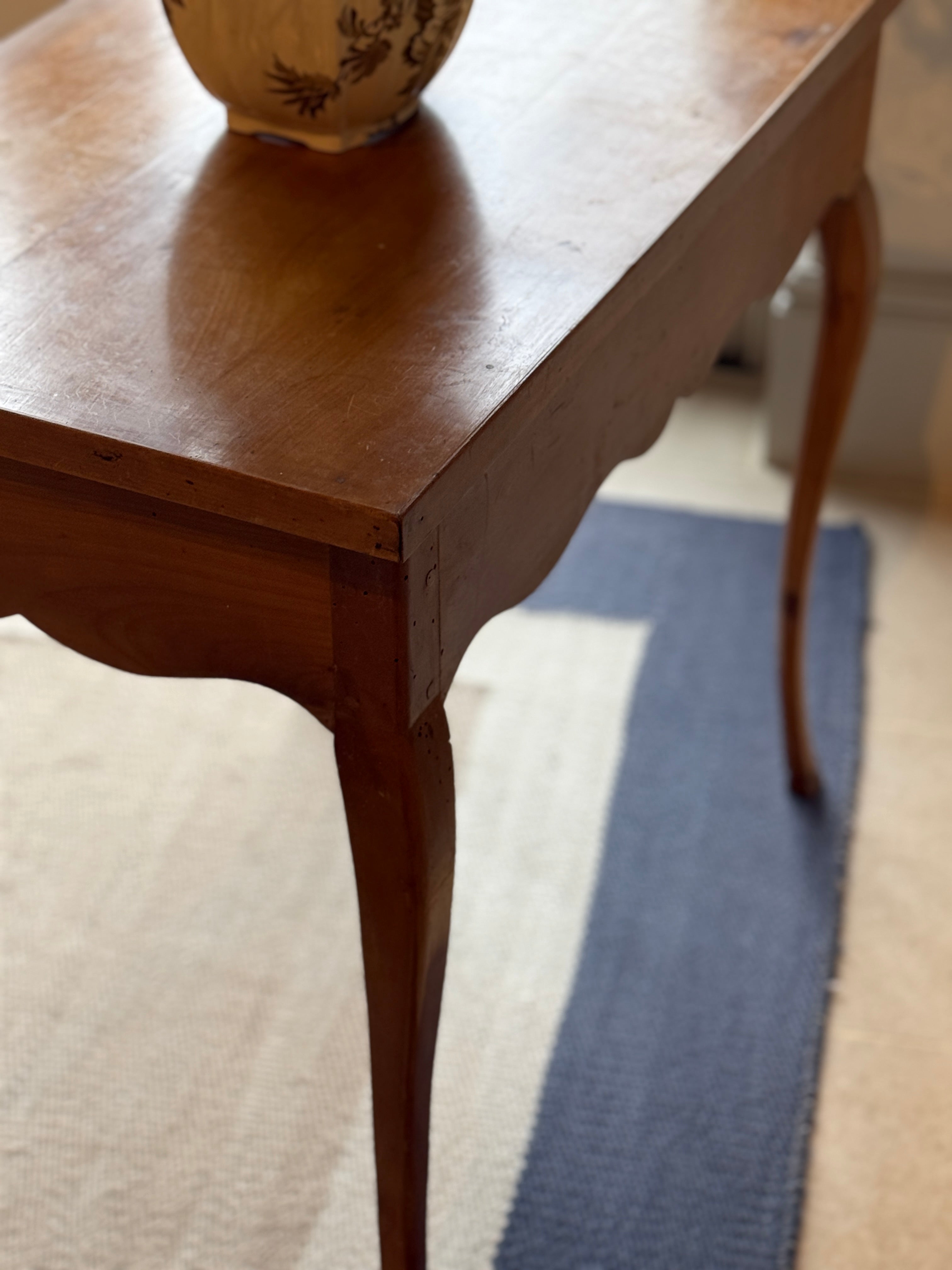 French Fruitwood Table with scalloped apron and drawer