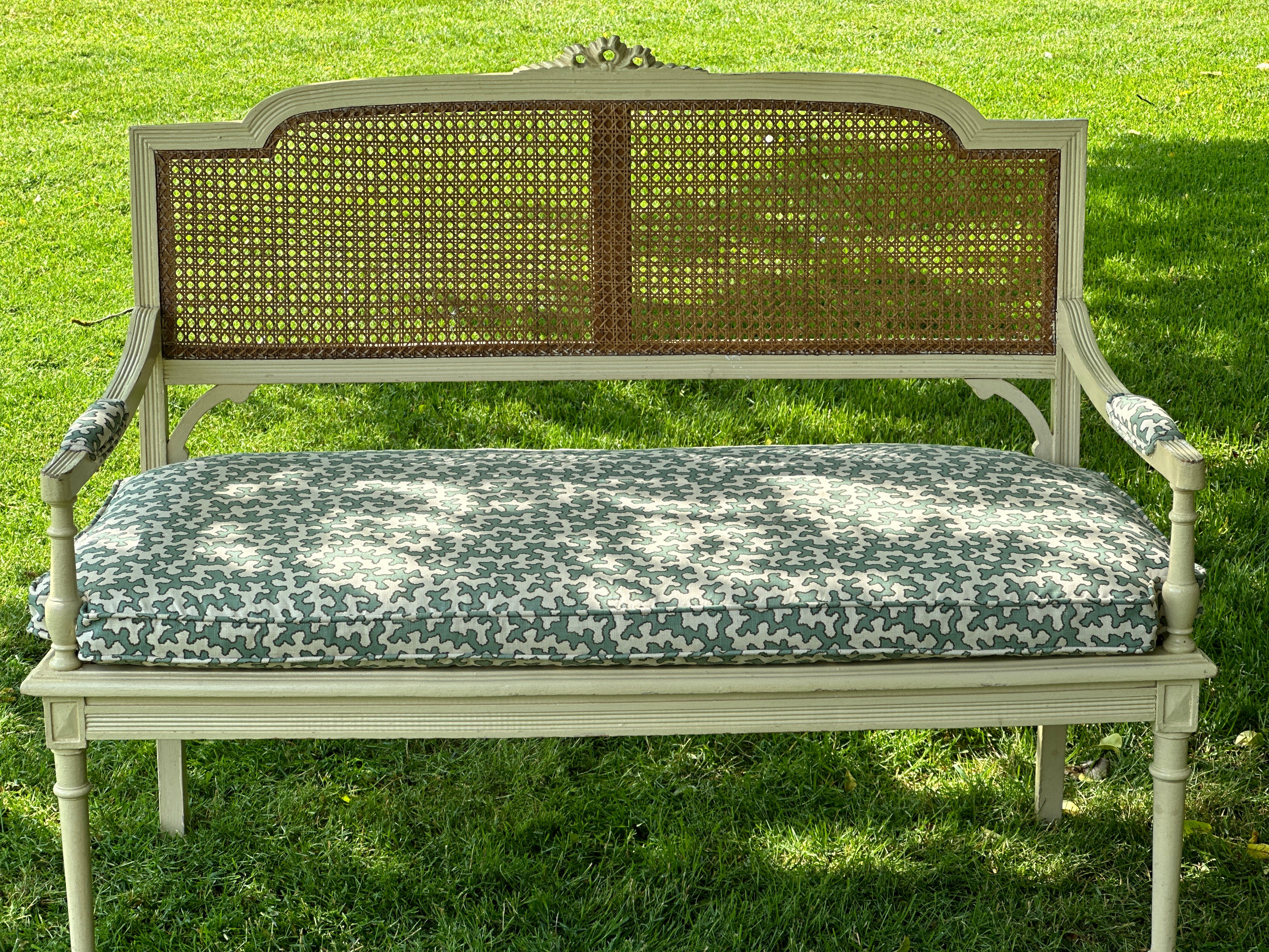 19th Century Cane Bench with Cushion with Colefax & Fowler Squiggle Fabric