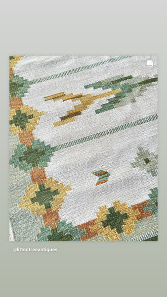 Vintage Swedish Flat Weave rug with green tones.