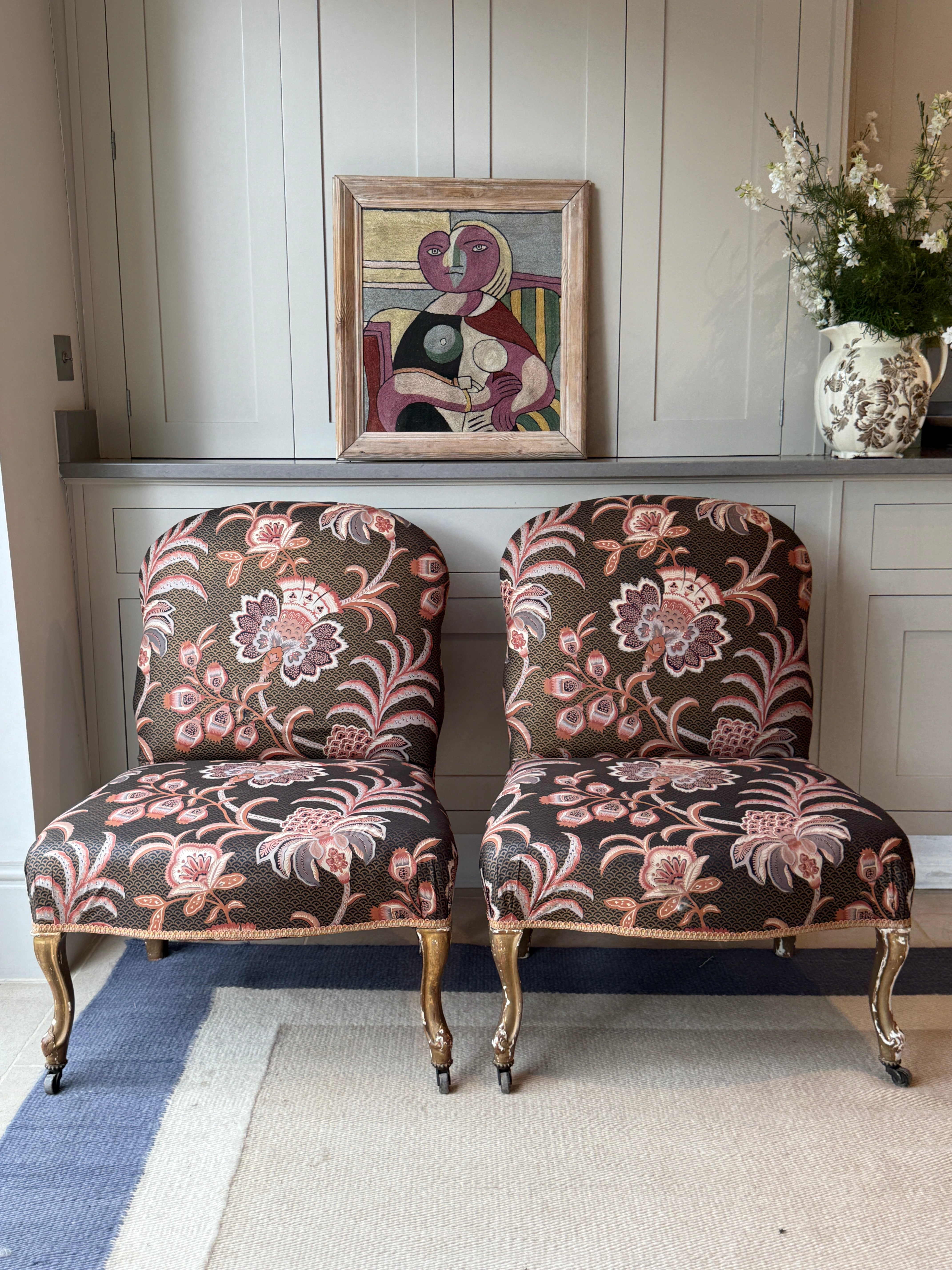 Large Pair of French Slipper Chairs in Floral Fabric