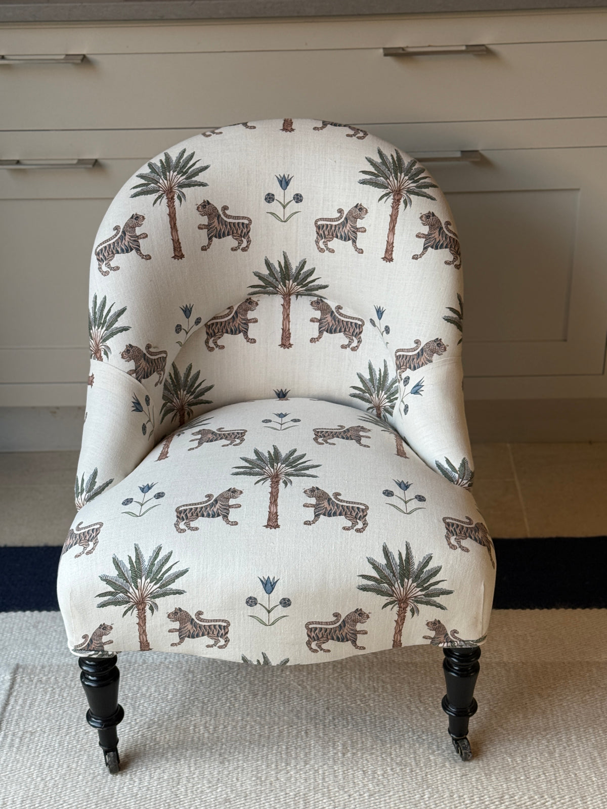 Antique French Slipper Chair in Schumacher ‘ Tiger Palm’