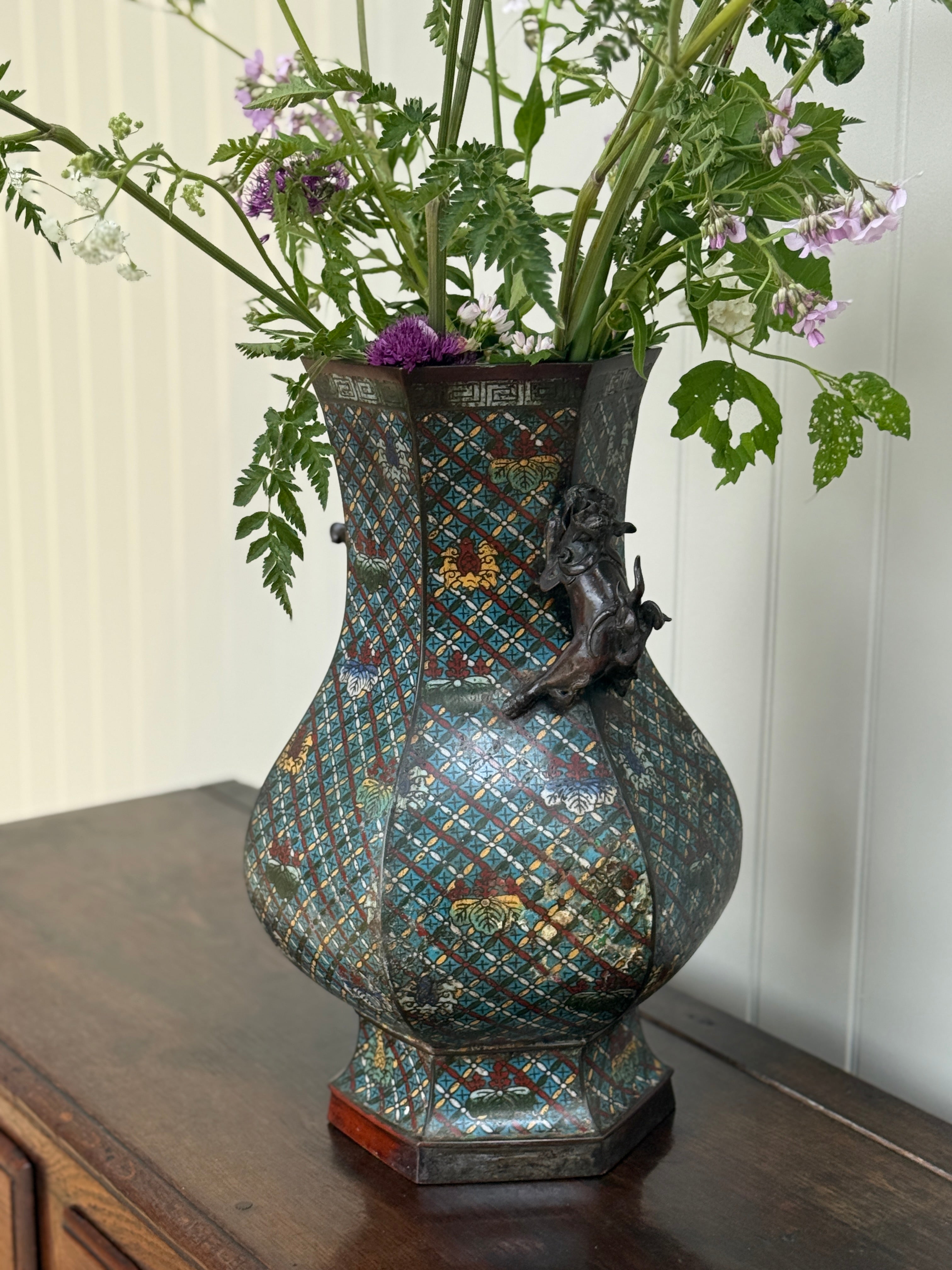 Chinese Cloisonné Hexagonal hu-form vase -Qing Dynasty