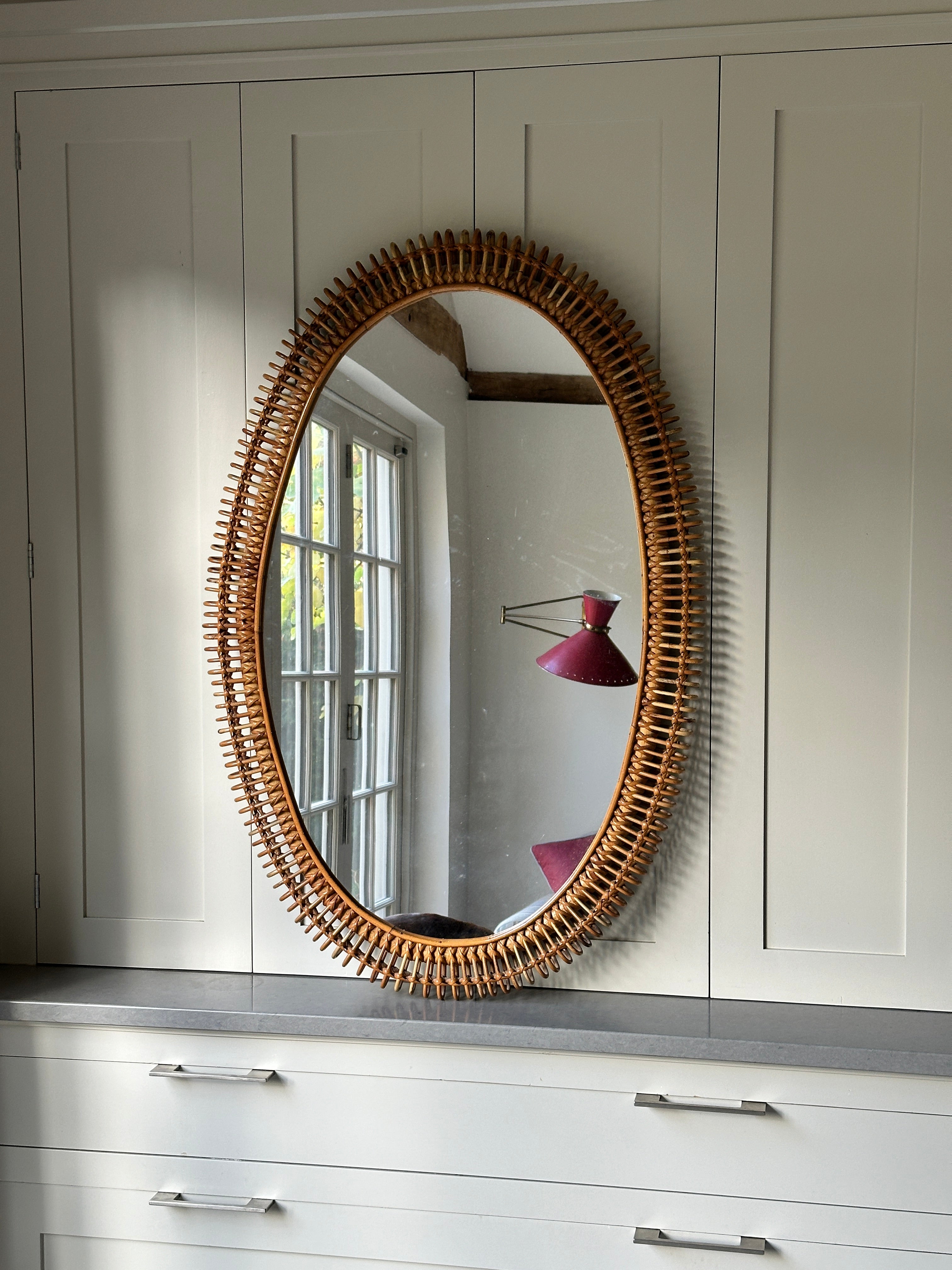 Large Italian Cane Oval Mirror from the 60s