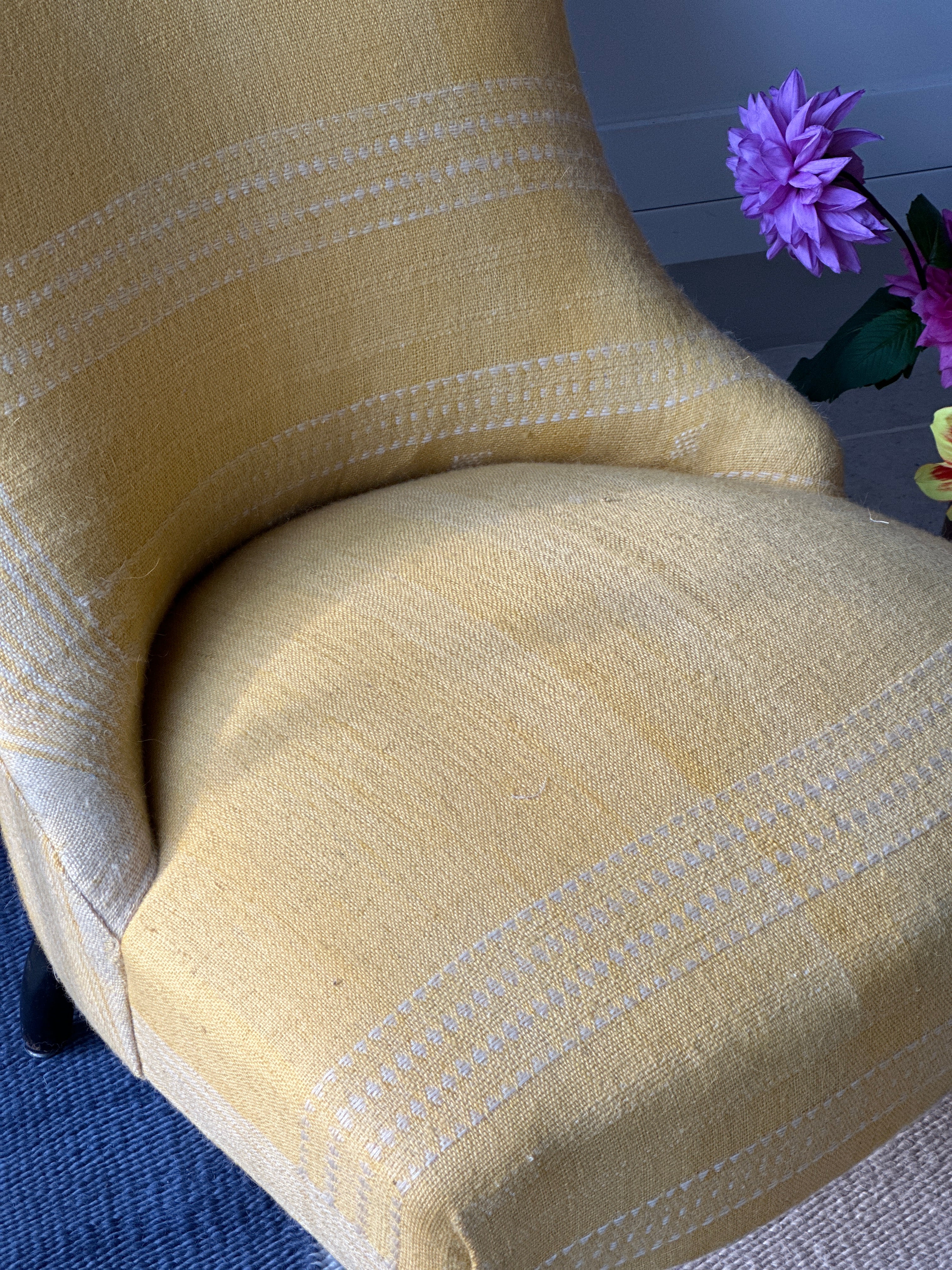 French Slipper Chair in vintage yellow Indian Camel Wool textile