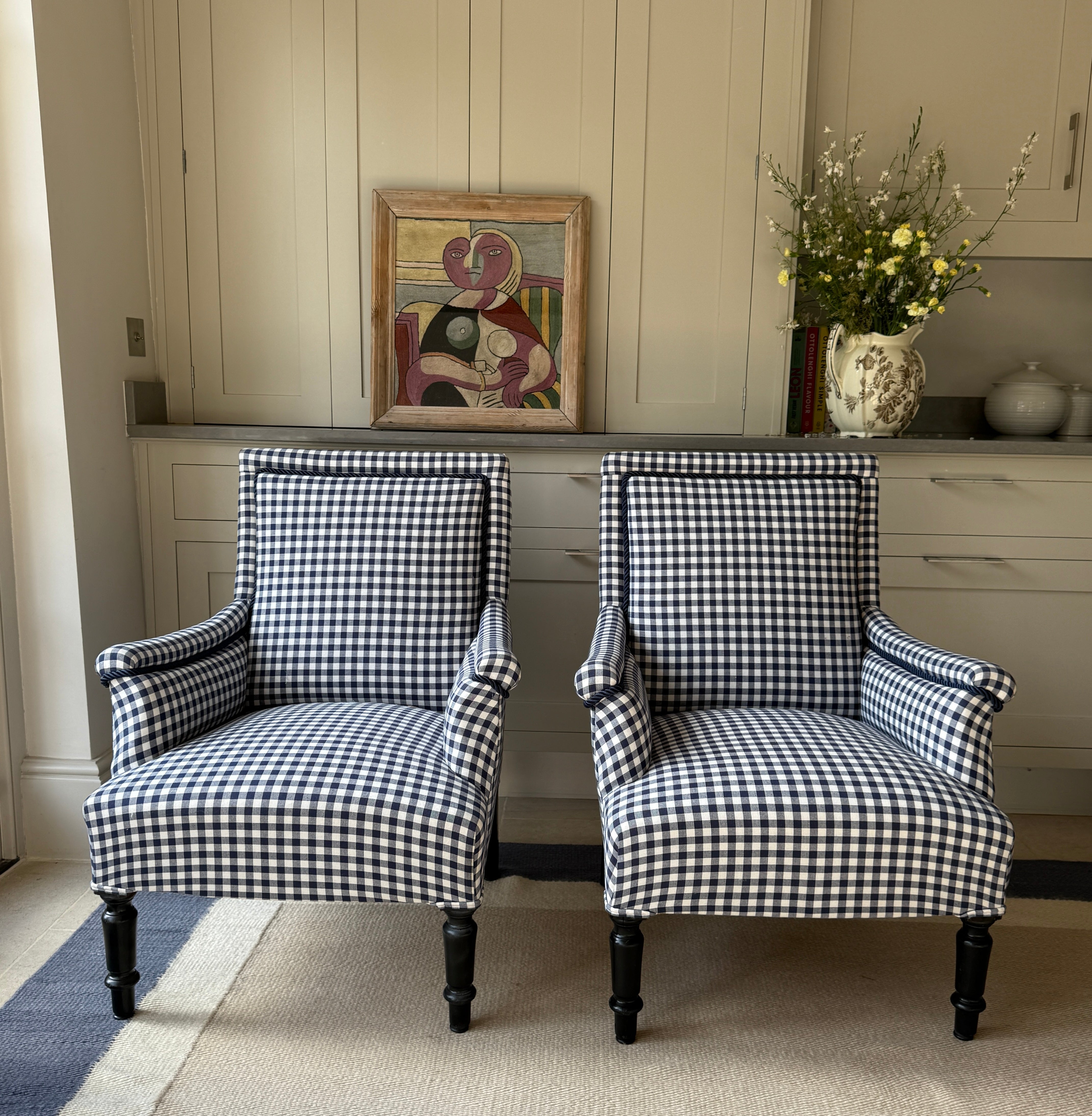 Pair of 19th Century French Armchairs in Navy Gingham