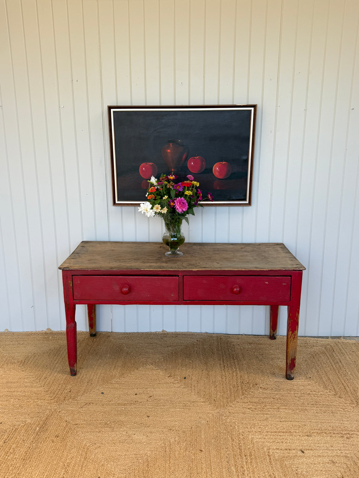Antique Painted Pine Prep Table with Red Paint