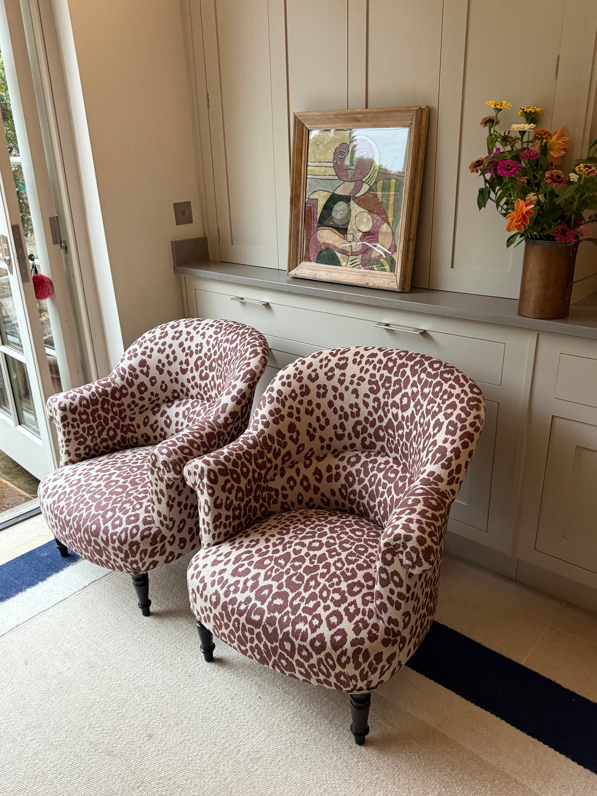 Pair of 19th Century French Chairs in Schumacher Iconic Leopard Linen, Raisin