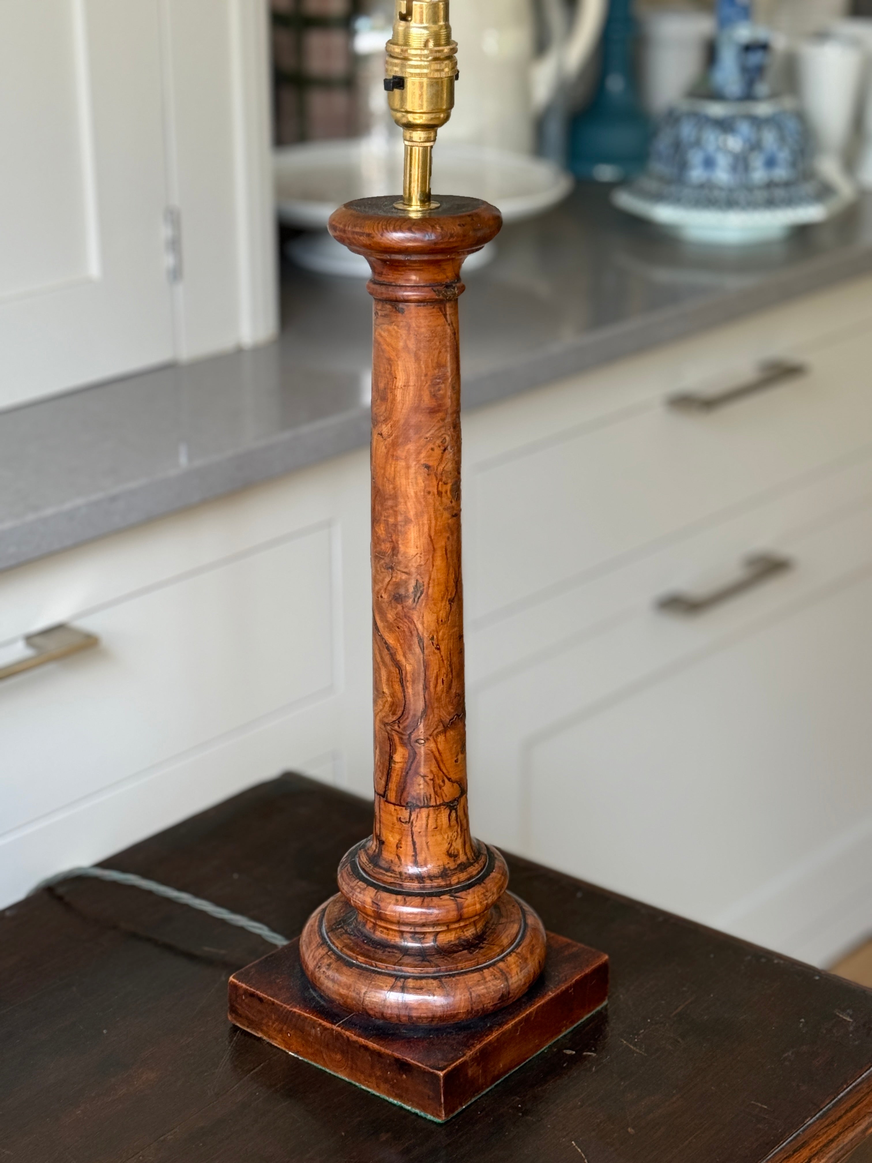 Late 19th Turned Burr Wood Column Table Lamp