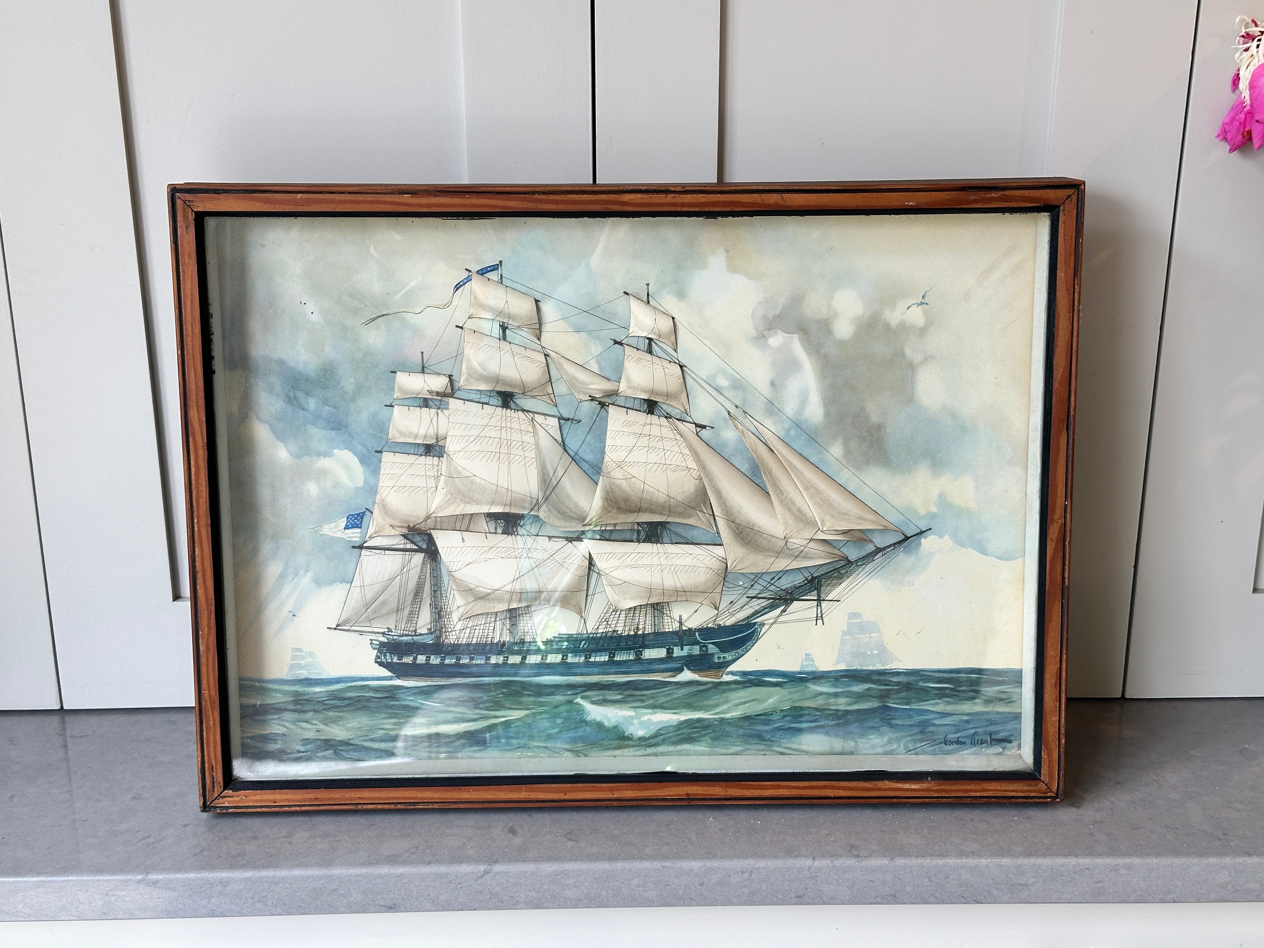 Amazing Diorama Painting of old Sailboat Signed by Gordon Grant