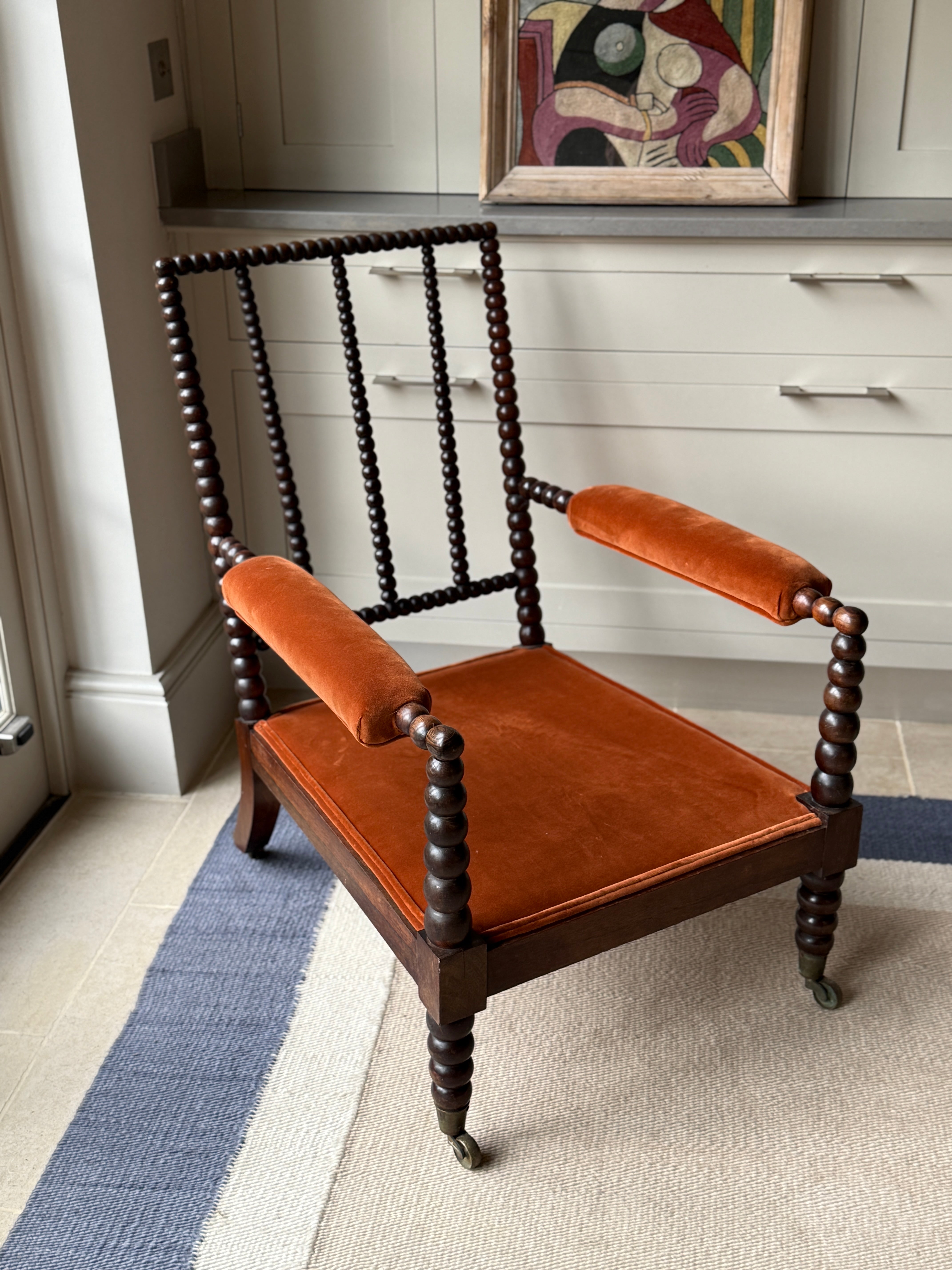 Early 20th Century Bobbin Turned Open Chair in RU Velvet