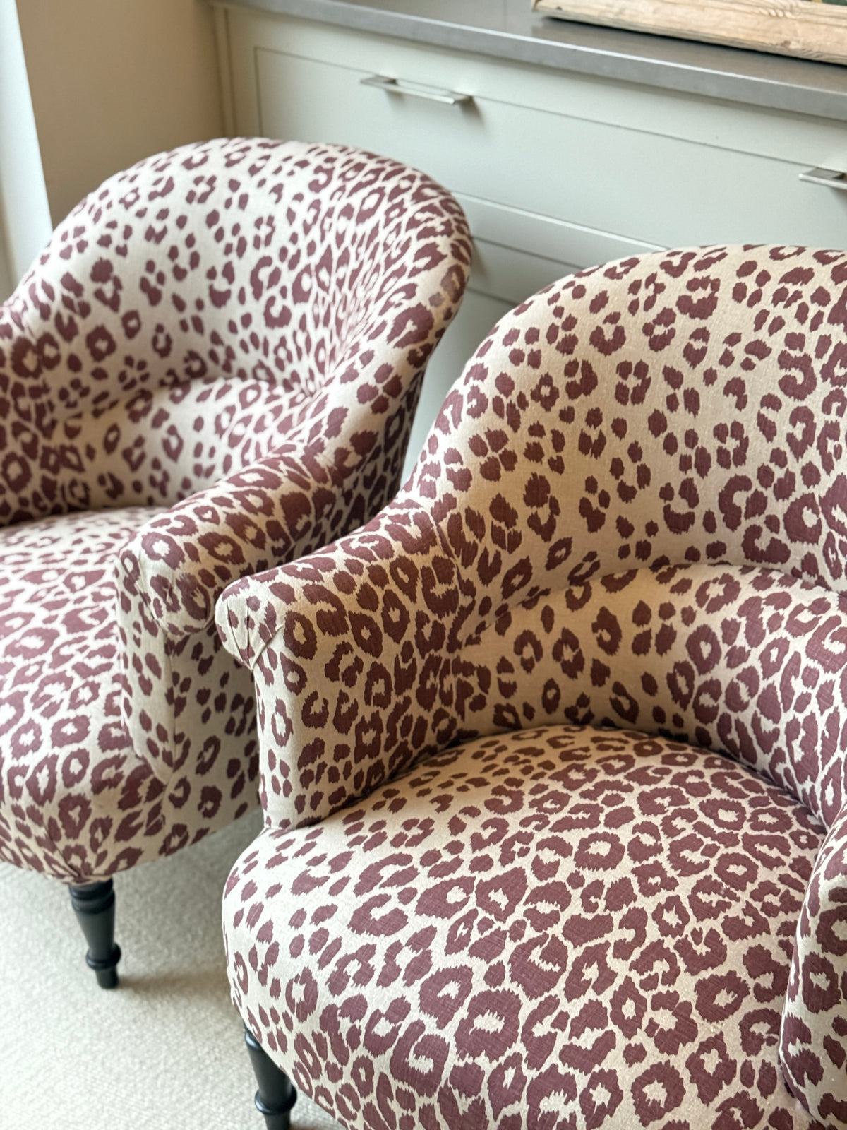 Pair of 19th Century French Chairs in Schumacher Iconic Leopard Linen, Raisin