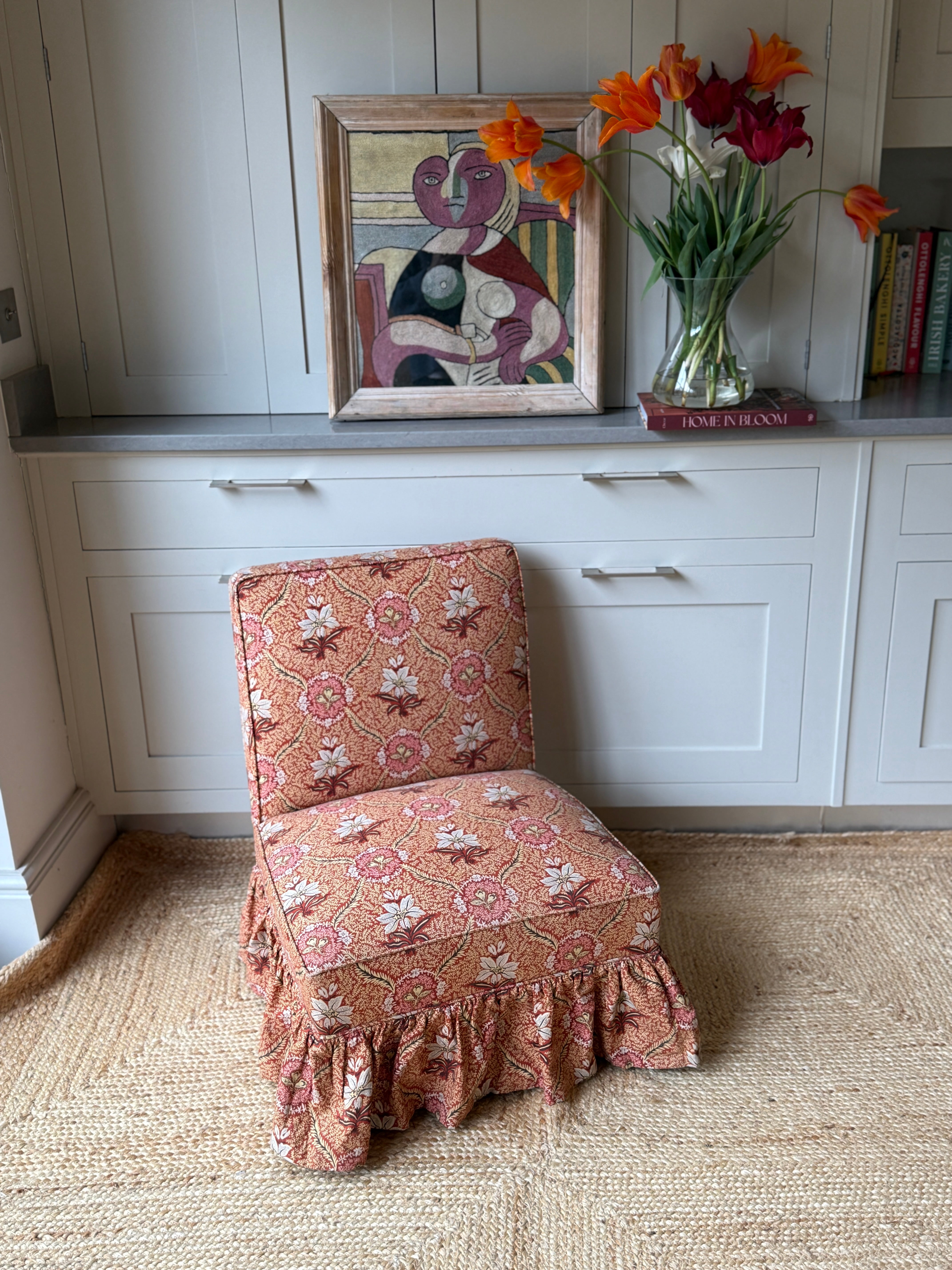 French Antique Slipper Chair with vintage floral fabric