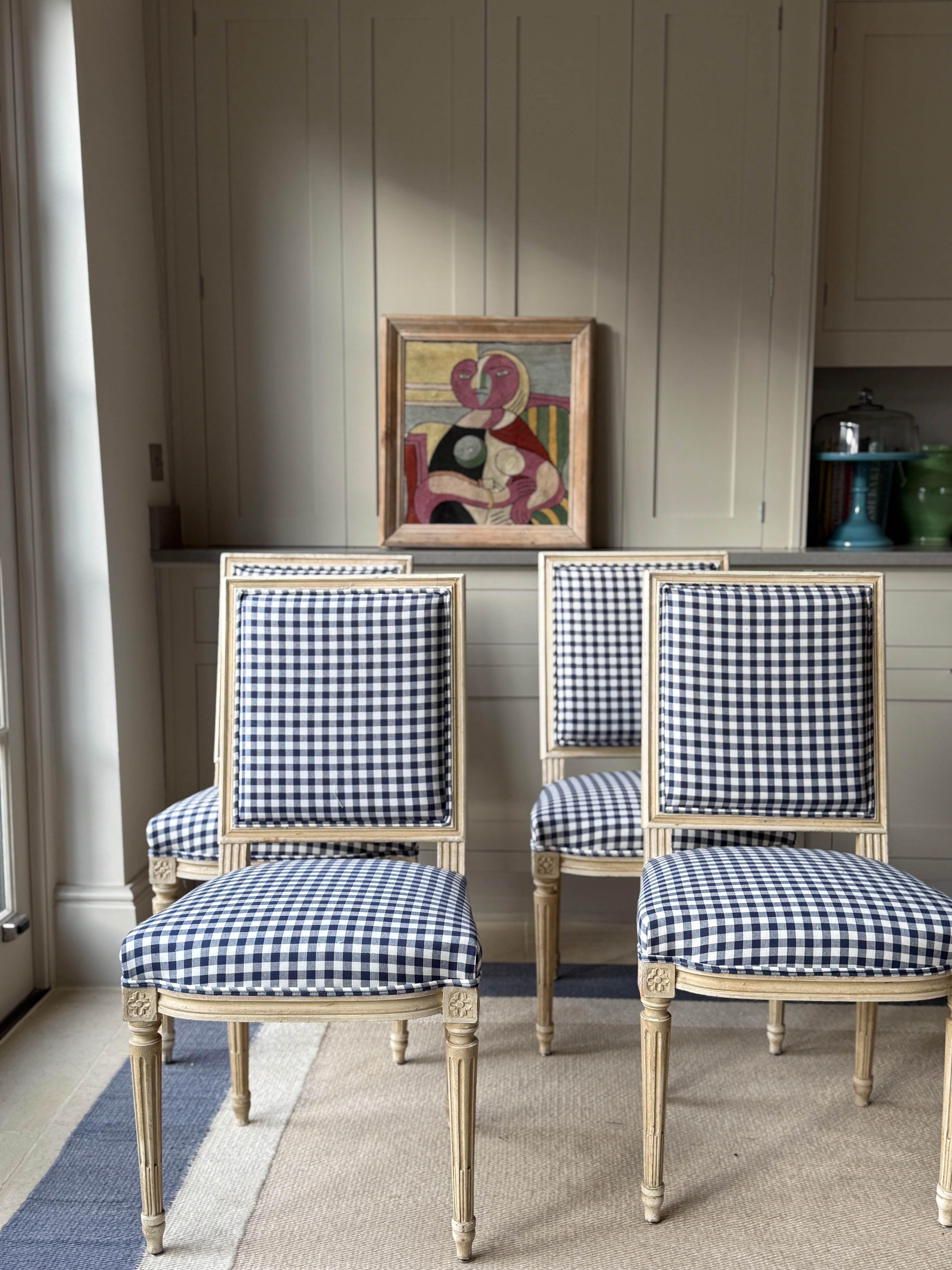 Set of 4 French Dining Chairs in Blue and White Gingham