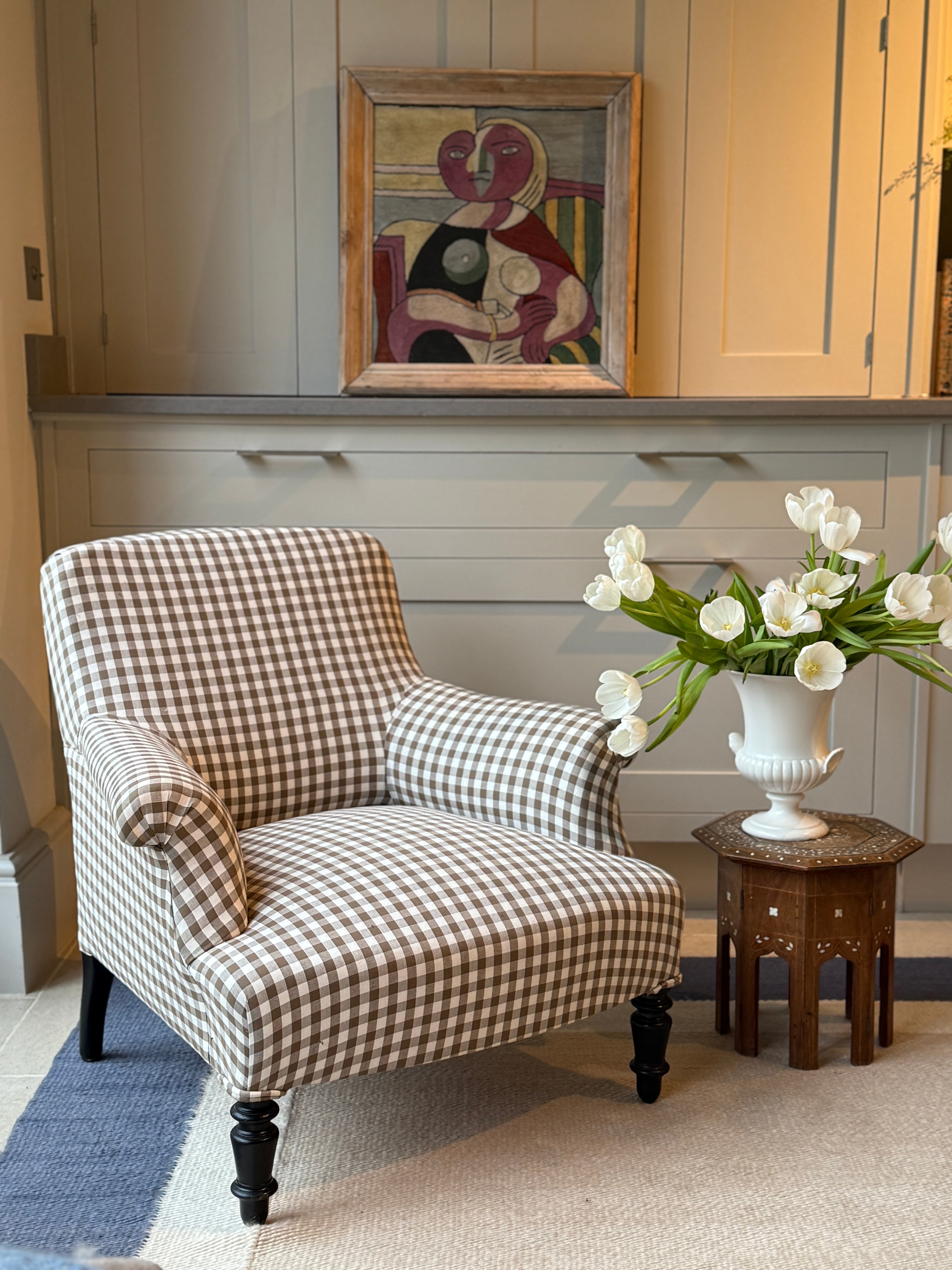 Small Napoleon III Square Back armchair in brown gingham