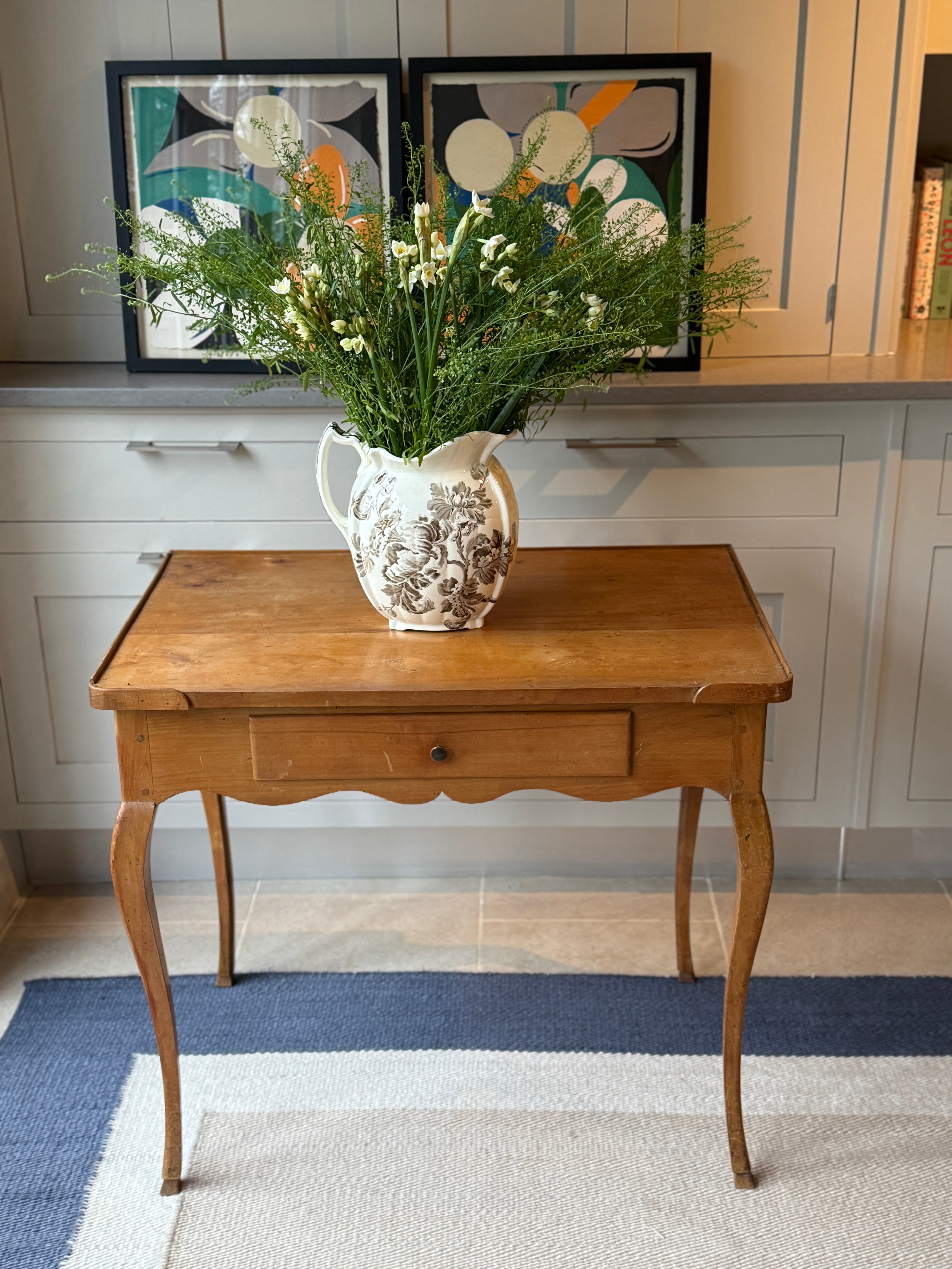 French Fruitwood Table with scalloped apron and drawer